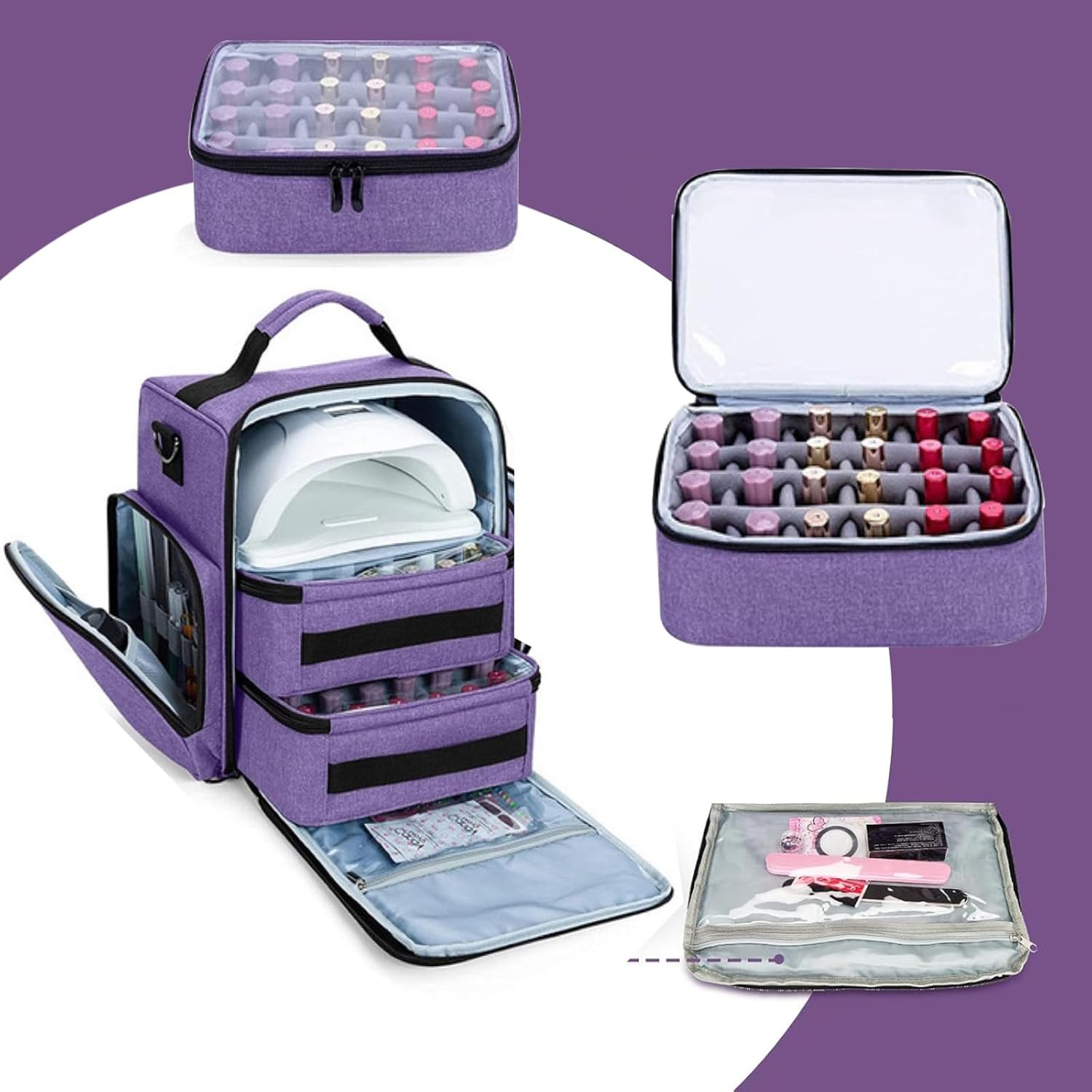 Nail Polish Bag Large Travel Makeup Bag with 3 Inner Removable Pouches, Hair Bag Cosmetic Bag with Detachable Dividers, Professional Manicure Kit,Purple