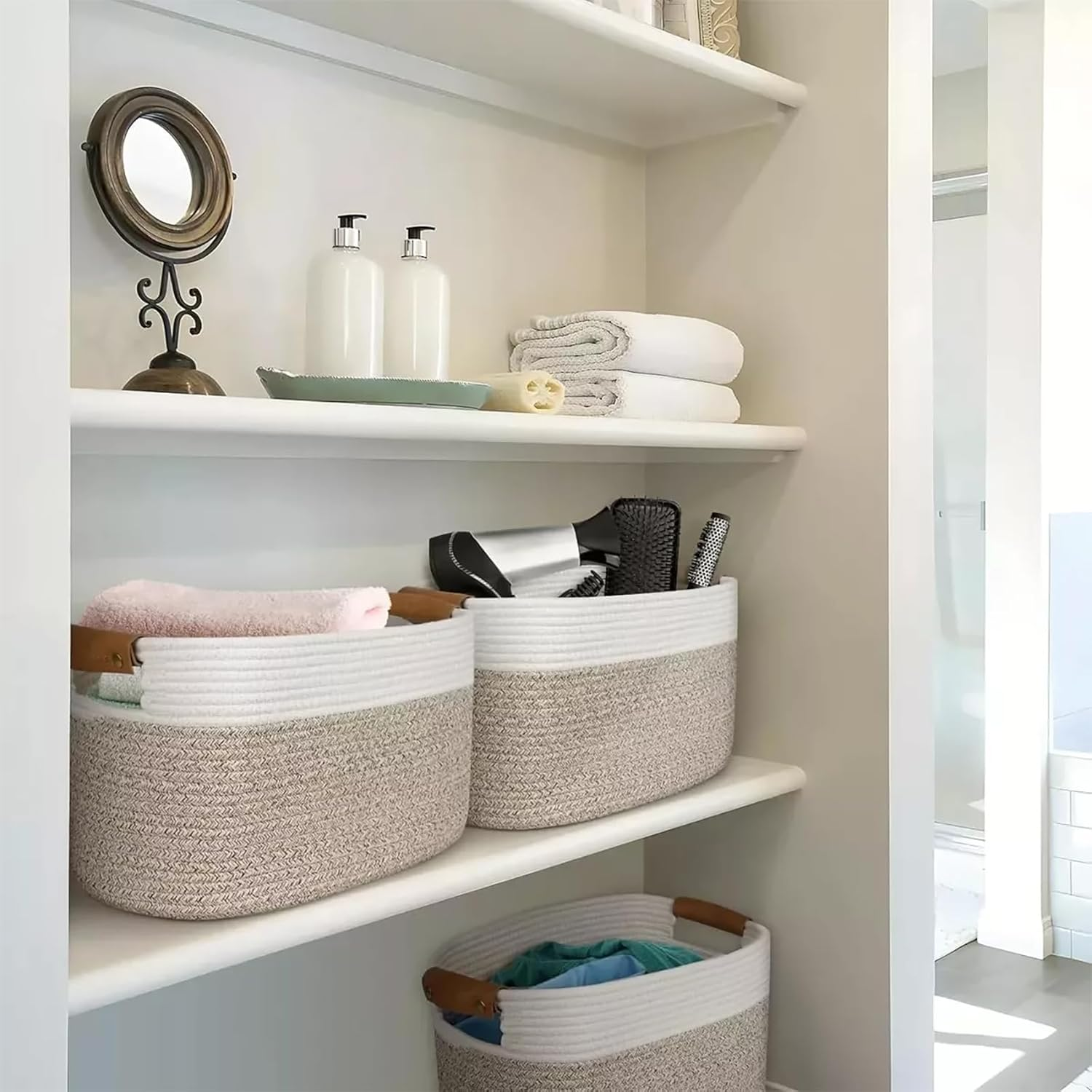 3Pc Foldable Woven Storage Baskets: Detachable Handles - 100% Cotton Rope for Clothing, Toy and Home Organization​(White+Beige,3) - Black image number 4