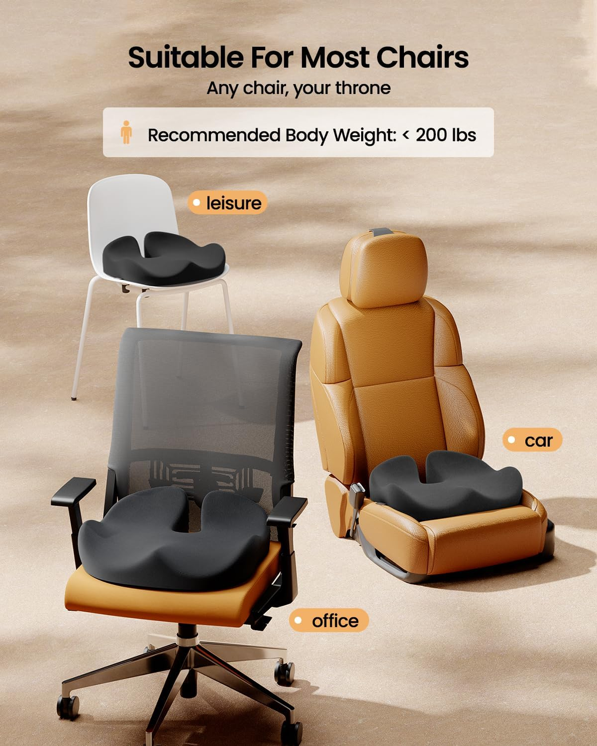 Protoarc Seat Cushion, Office Chair Cushion for Sciatica, Coccyx Cushion, Ergonomic Memory Foam Seat Cushion for Car, Home, Pressure Relief Pad for Hip, Tailbone, All Day Comfort - Black image number 5