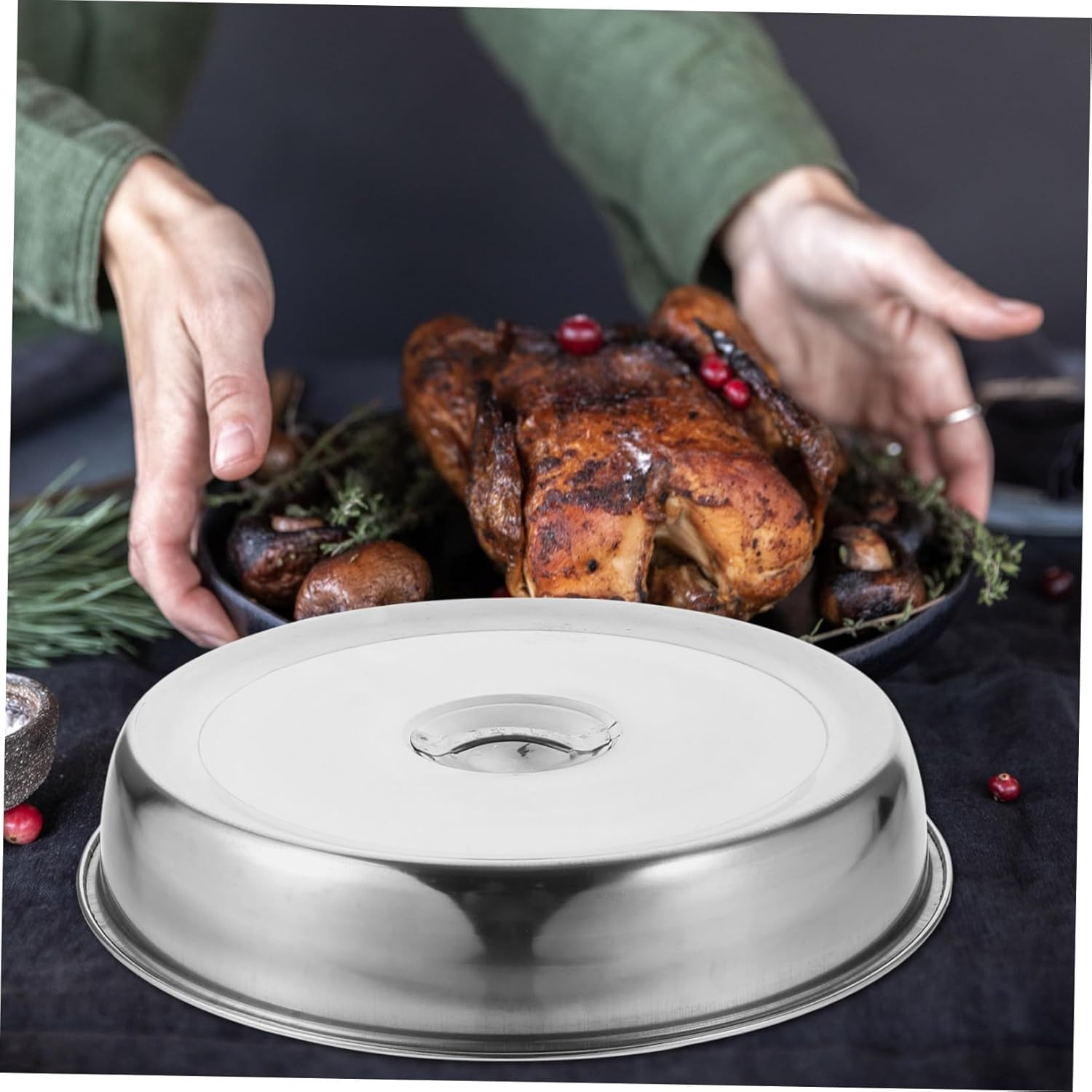 Healeved 2Pcs Stainless Steel Steak Cover, 24Cm round Griddle Dome, Dust-Proof Food Protective Cover for Indoor and Outdoor Bbq, Kitchen Use, Silver image number 3