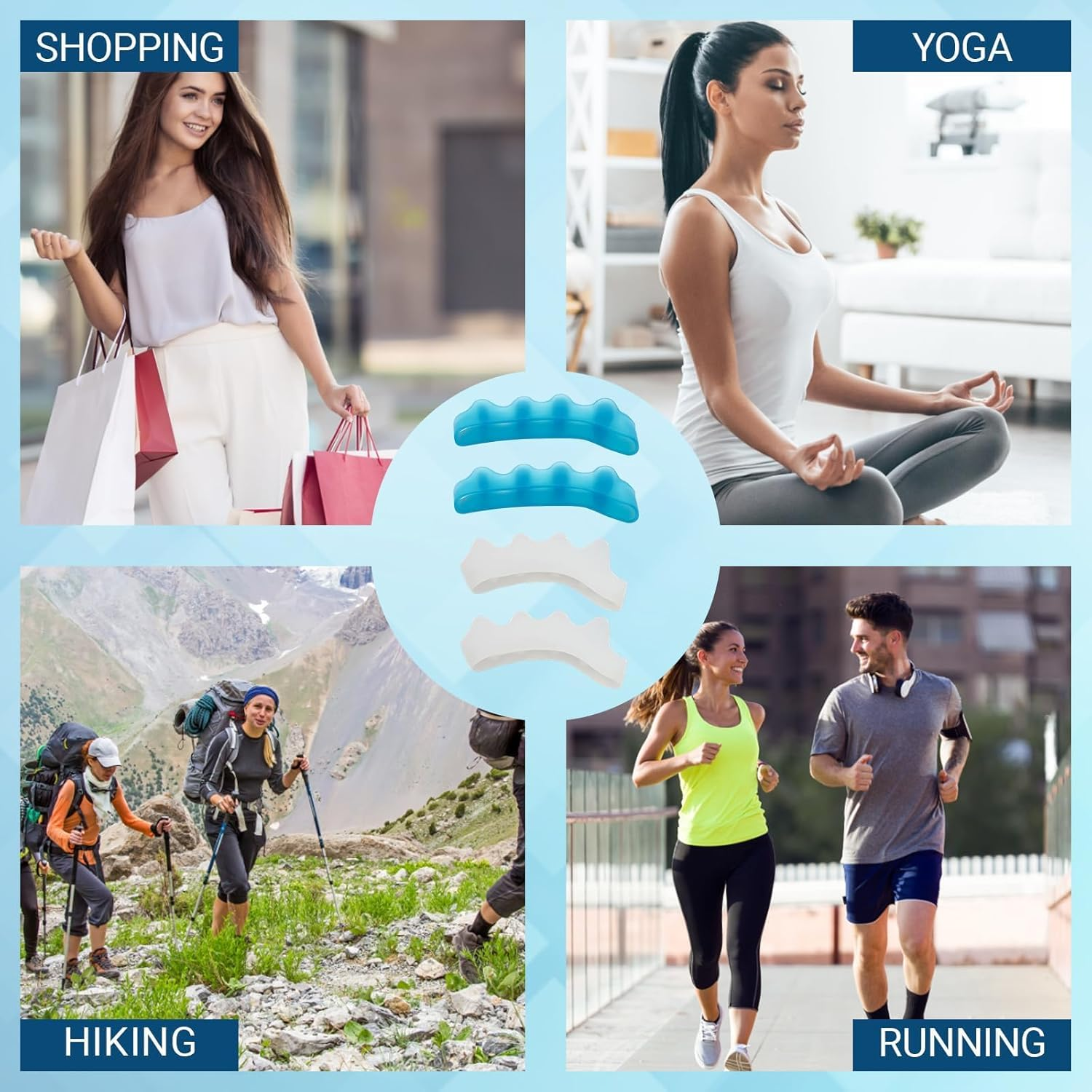 Toe Separators, 4 Pack Bridge Design Toe Spacers for Men and Women, Helps Relieve Bunion Pain, Hammer Toe and Plantar Fasciitis, Ideal for Yoga, Running and Daily Use (White and Blue) image number 1