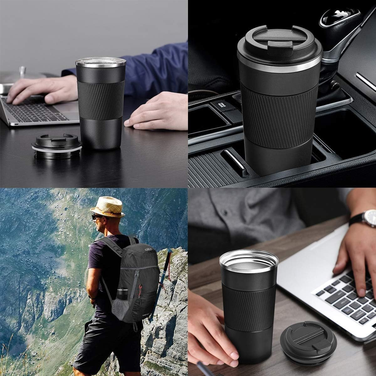 Coffee Cup 510Ml/17Oz, Insulated Travel Mug with Splash-Proof Lid, Reusable Double Wall 304 Stainless Steel Tumbler Cup - Keeps Cold and Hot Suitable for Car, Daily, outside and Gifts (Black-510Ml) - Brown image number 6