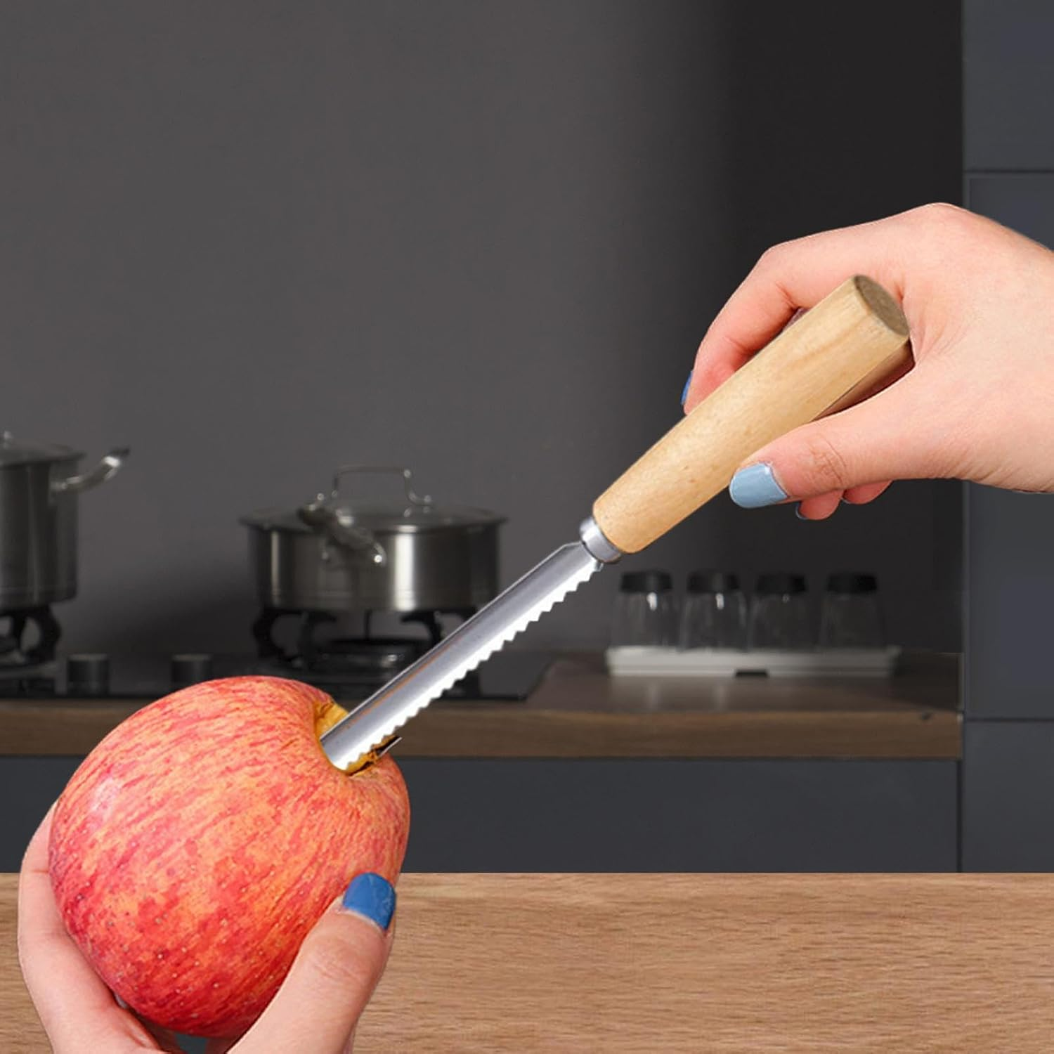 Fruit Corer | Manual Pitter Stainless Steel Multifunctional Manual Corkscrew Tool with Non-Slip Wooden Handle for Salad Prep Juice Canning image number 4