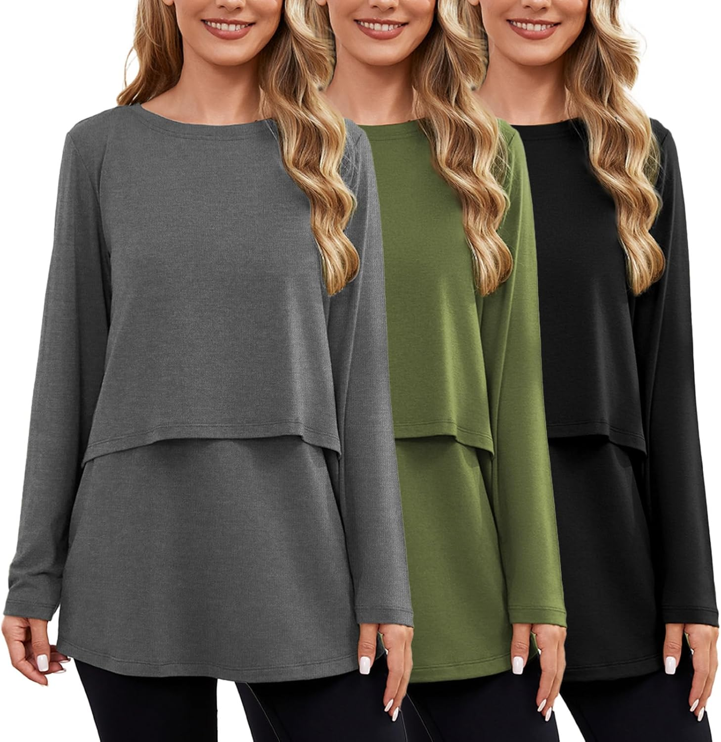 Ecavus Women'S 3Pack Maternity Nursing Shirts Long Sleeve Double Layer Breastfeeding Shirts Comfy Pregnancy Clothes