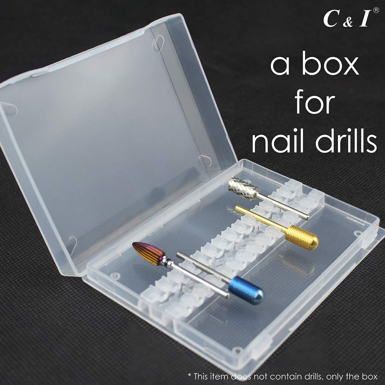 C & I Nail Drill Bit Holder, Max 14 Nail Drills Hold, Dustproof, Clear, Portable Mini Box, Easy to Carry-On, E-File Box (Drill Bits Not Include) image number 3