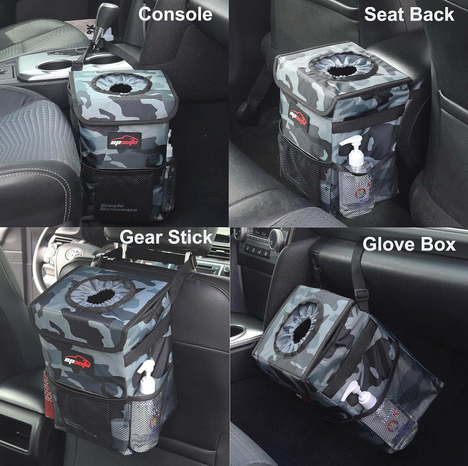 Epauto Waterproof Car Trash Can with Lid and Storage Pockets, Camouflage Grey image number 4