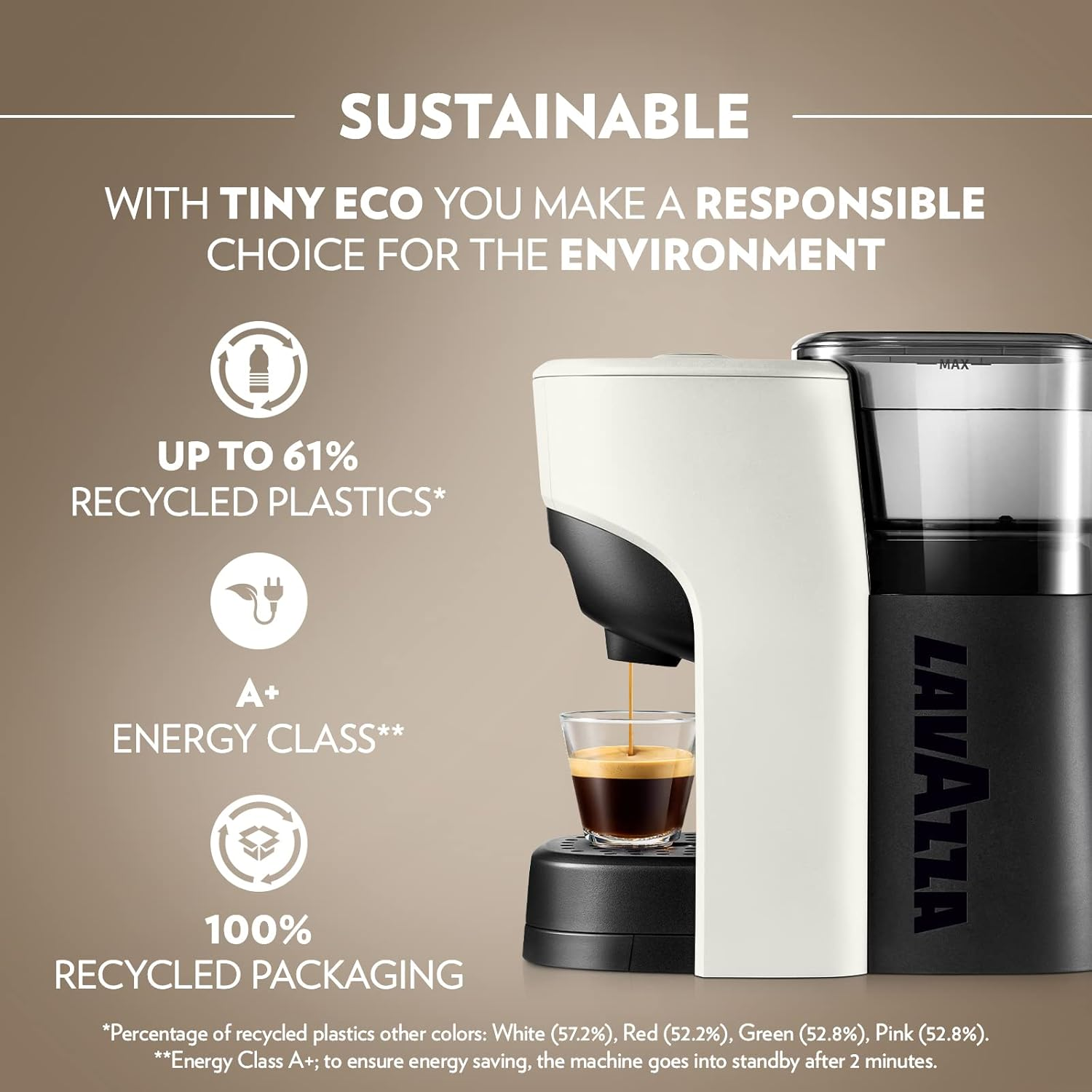 Lavazza, a Modo Mio Tiny Eco, Coffee Capsule Machine, Compact, Compatible with a Modo Mio Coffee Pods, with Automatic Shut-Off, Removable and Adjustable Cup Rest, 1450 W, 220-240 V AC, 50-60 Hz, White image number 3