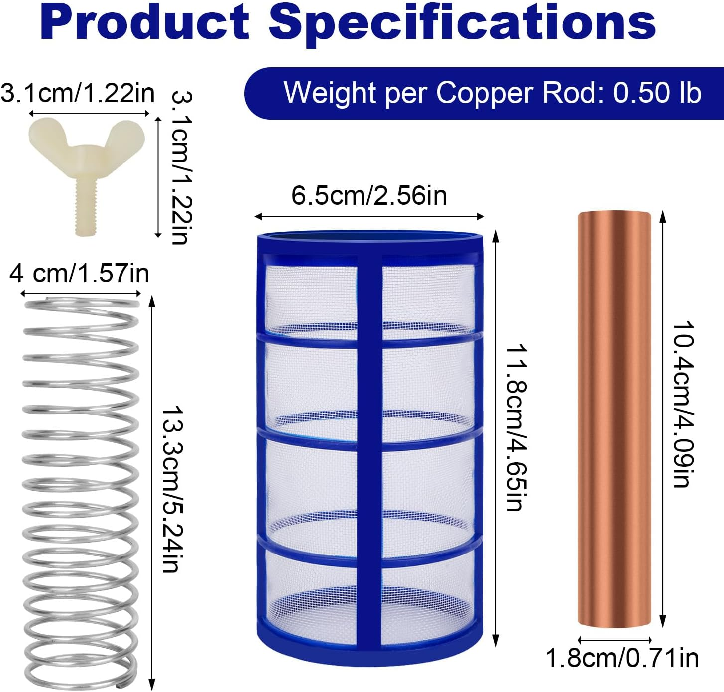 Pool Ionizer Replacement Kit, 4.09X0.71In Replacement Copper Anodes with Copper Anode Filter Base Spring Screw Universally Applicable to Solar Ion Generators image number 5