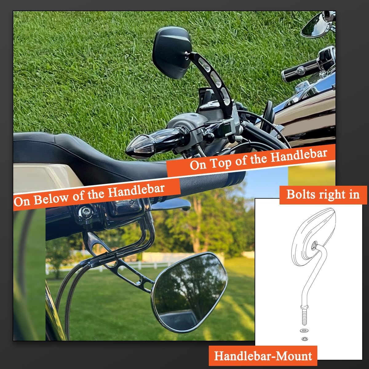 FOVPLUE Handlebar Mount Mirrors,Left & Right Side Rearview Mirrors for 1982-2024 Harley Models,For CVO Dyna Electra Glide Road Glide Road King Softail Street Glide Sportster 1200 883,Chrome image number 2