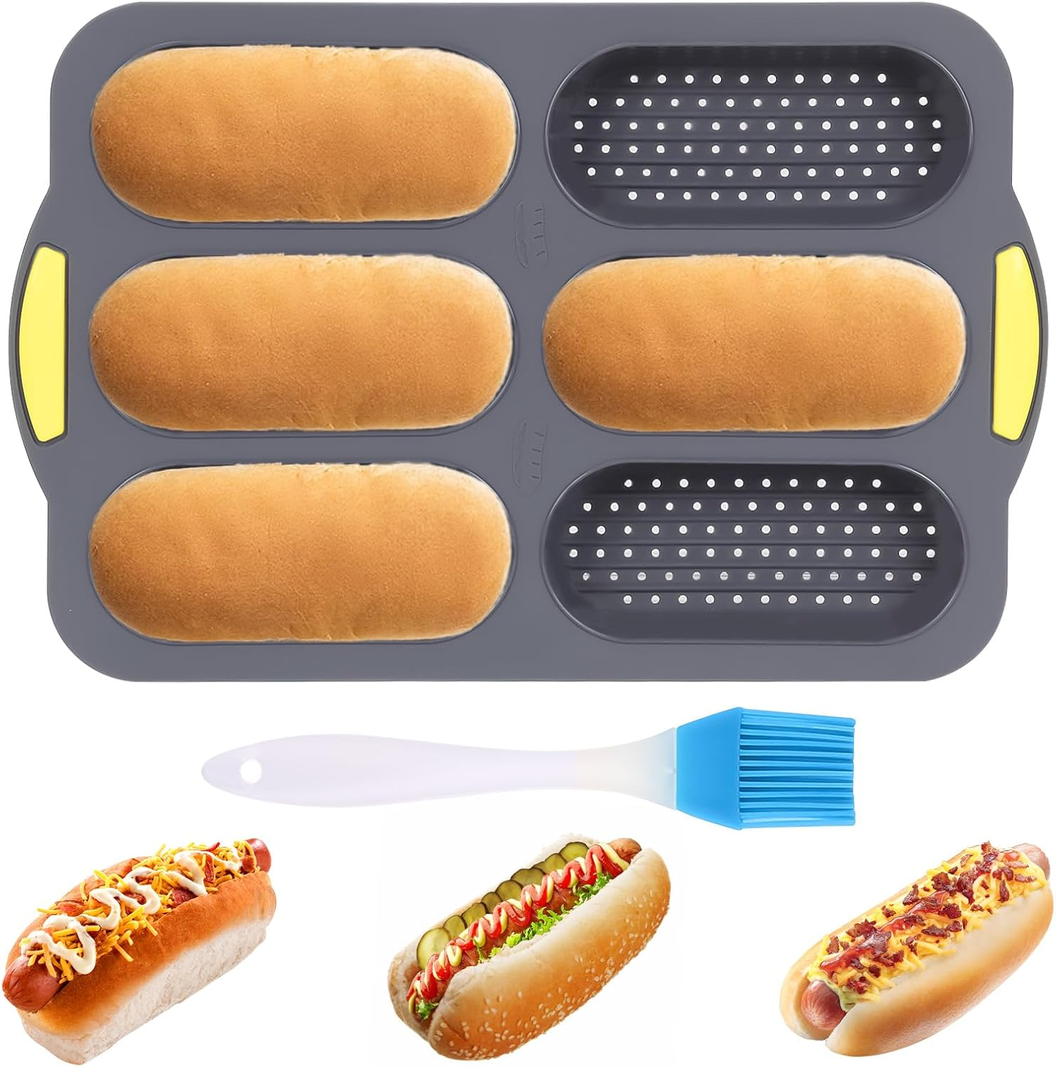TOWEBOORY Silicone Bread Mold, Hot Dog Baking Molds with 6 Cavities and Oil Brush Non Stick Loaf Baking Pan Tray for Homemade Baking French Baguettes Hot Dog Buns (Gray)