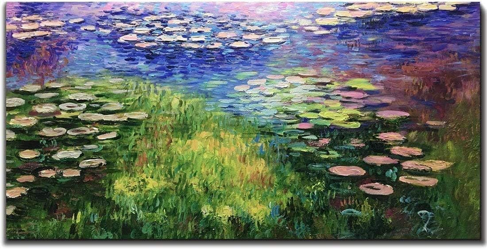 Framed Oil Painting,Hand Painted Modern Abstract Textured Big Wall Paintings,Can Be Hung Home Decoration Large Canvas Wall Art,Monet Style Water Lily Replica (80 X 40 Cm) image number 3