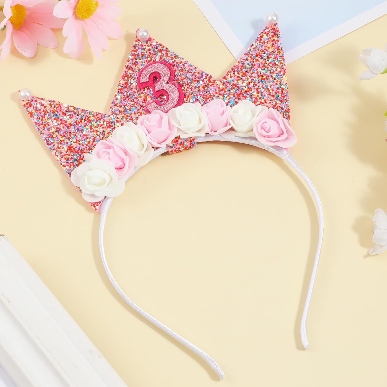 3Rd Birthday Crown Headband Glitter Flower Birthday Decoration Princess Birthday Girl Tiara Elastic Bling Party Accessories 3 Year Old Hair Band Photo Prop image number 3