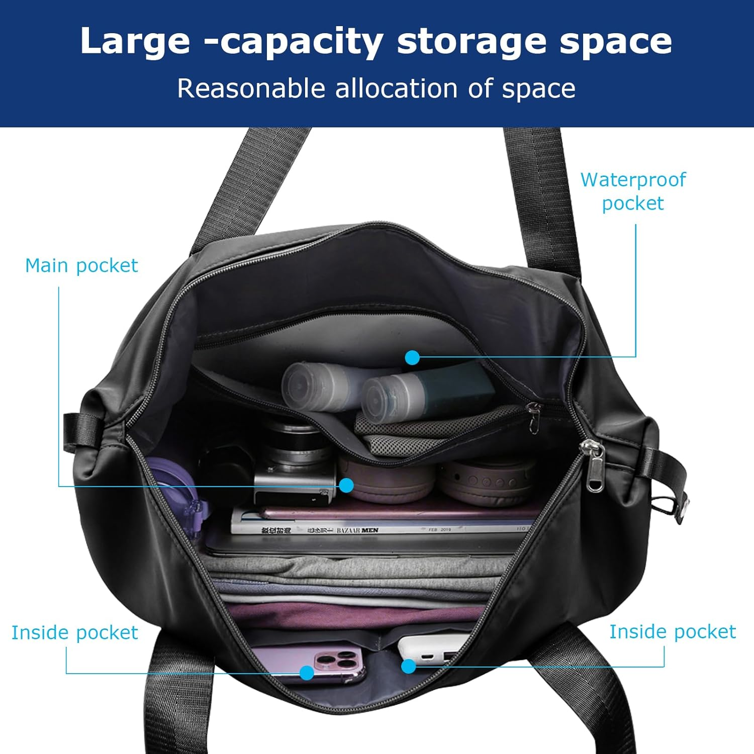 Auolen Large Capacity Folding Travel Bag, Foldable Travel Duffel Bag, Dry and Wet Separation Sports Portable Shoulder Bag, Travel Lightweight Waterproof Carry Luggage Bag (Black) image number 6