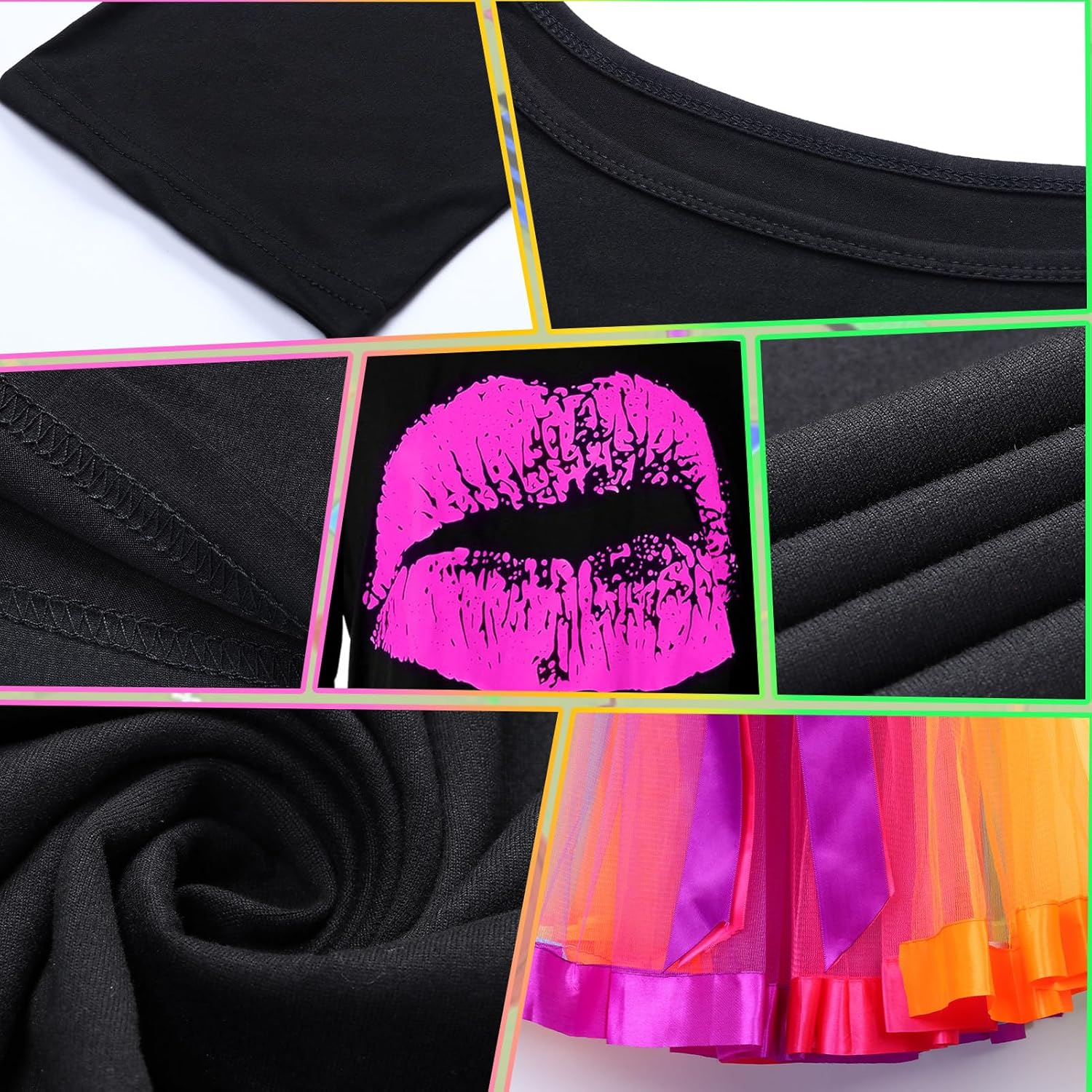 80S Fancy Dress for Women 80S Costume Accessories Set Lips Print T-Shirt Adult Tutu Skirt Lace Headband Neon Earrings Necklace Leg Warmers Fishnet Gloves Bracelet for Party