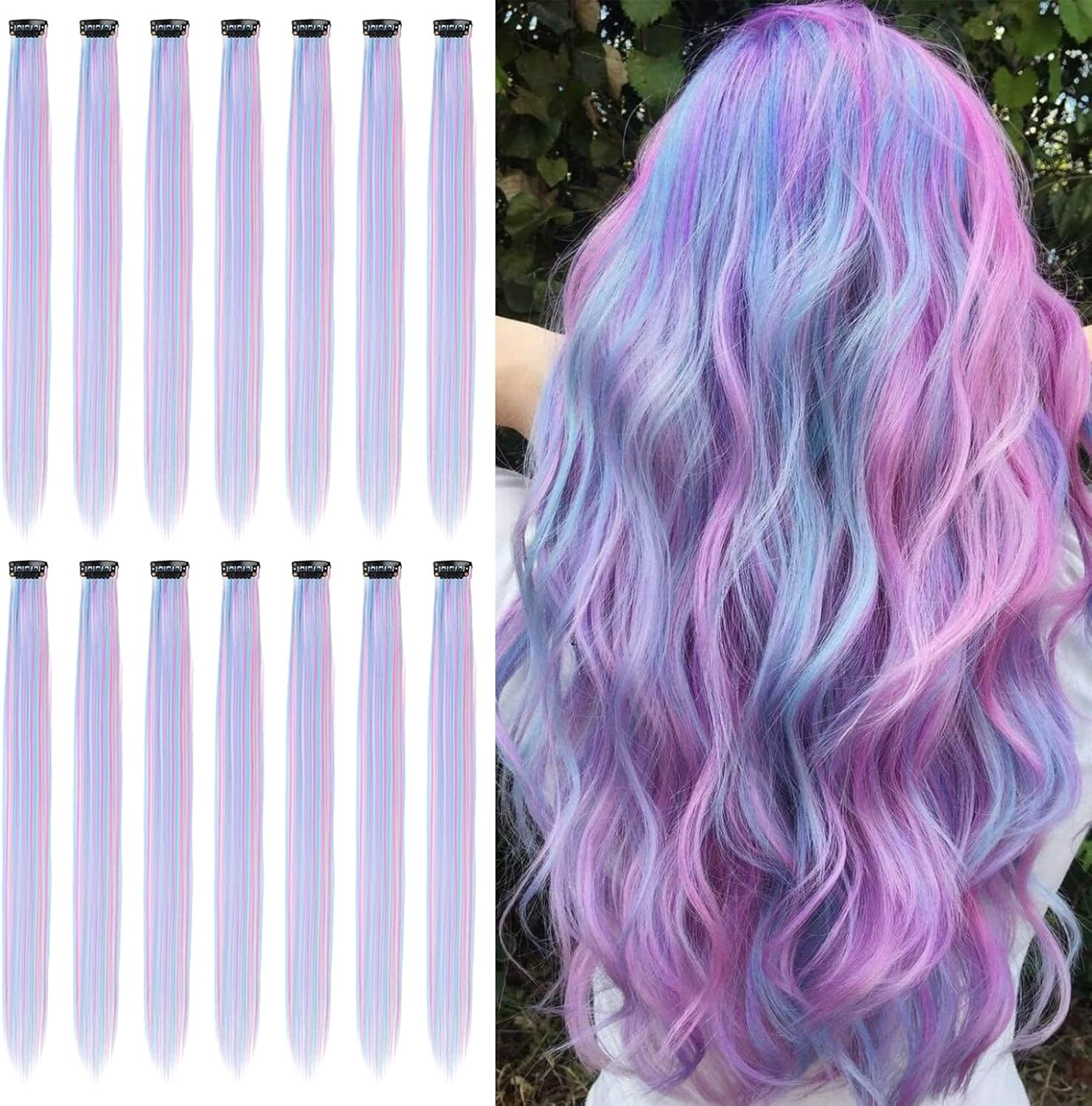 16 Coloured Clip-In Hair Extensions, 22 Inch Colourful Highlights Hairpieces Straight and Long Heat Resistant Synthetic Hair Accessories for Kids Girls Women Party Hair Accessories (16 Pieces-Blue)