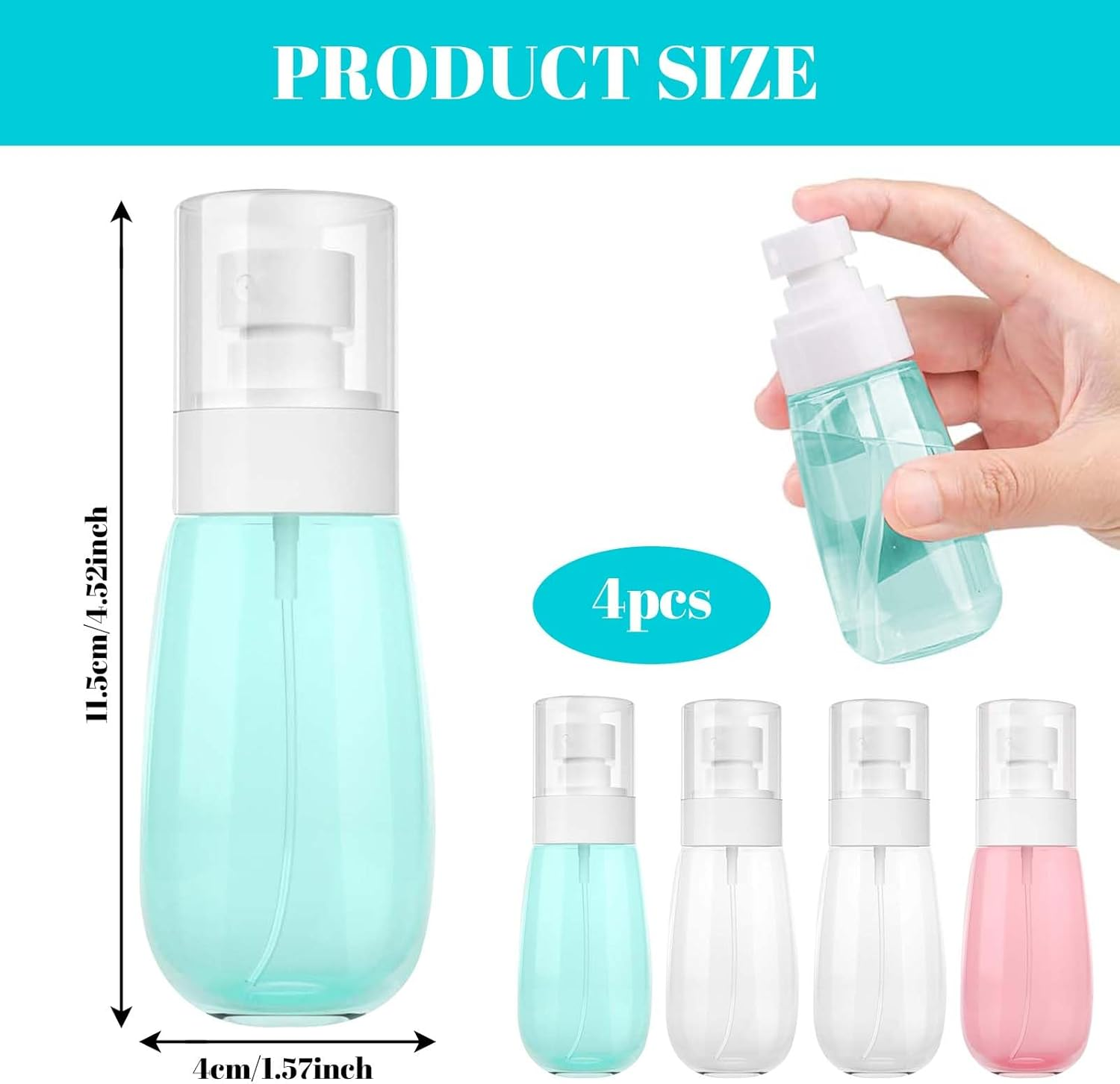 Tweozek 4 Pack Small Spray Bottle, 60 Ml Fine Mist Spray Bottle for Travel, Refillable Travel Containers Plastic Hair Spray Bottle Sprayer for Perfume Skincare Makeup Lotion (Pin, Blue,White) image number 4