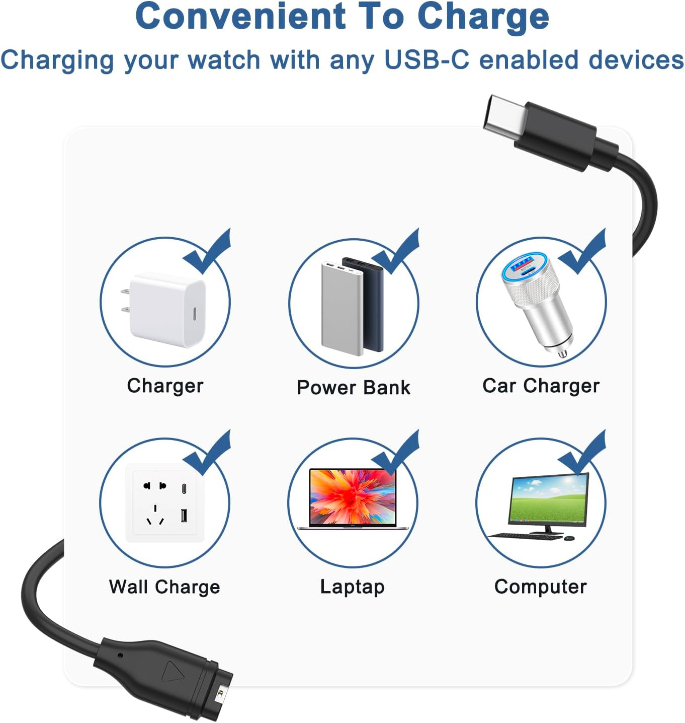 2 Pack 1M USB C Chargers for Garmin Watch Chargers, 100Cm/3.3Ft Type-C Charging Cable for Garmin Watch image number 2