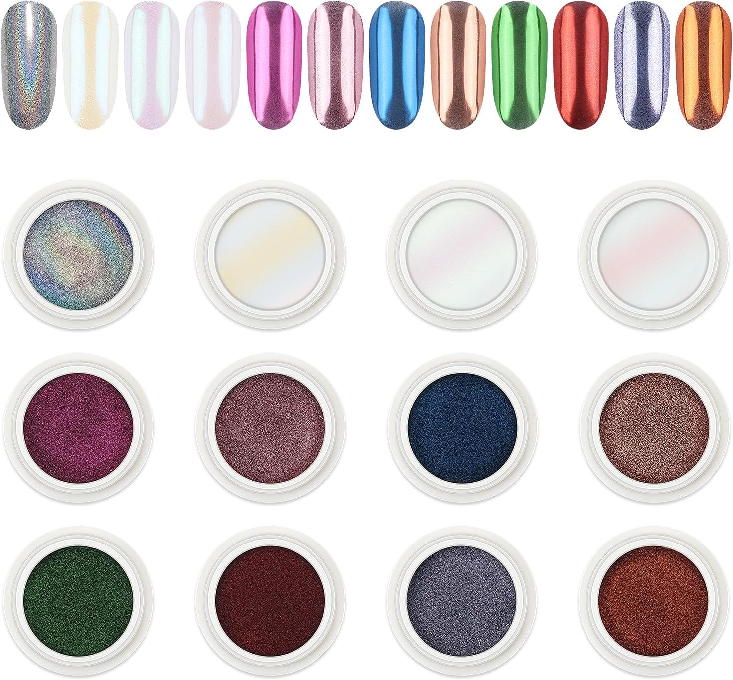 AIMEILI Pearl Chrome Nail Powder, Vegan, Cruelty Free, 12 Colors Aurora Metallic Holographic Mirror Effect Nail Art Pigment Iridescent Shell Glitter Nail Art