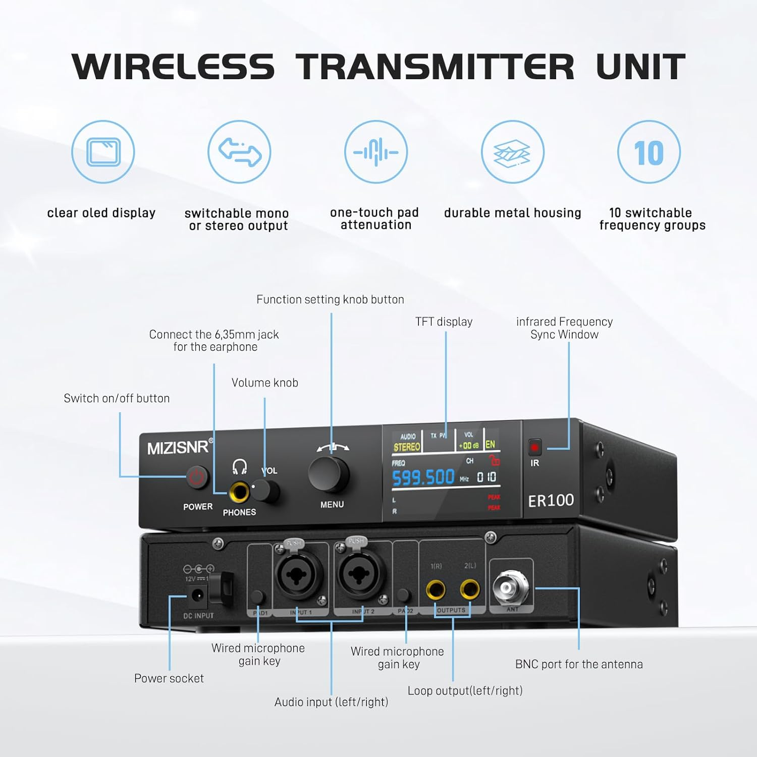 MIZISNR Wireless in Ear Monitor System, Pro UHF Mono Stereo IEM System with Metal Transmitter, 1 Bodypack Receivers W/Monitor Earphones image number 5
