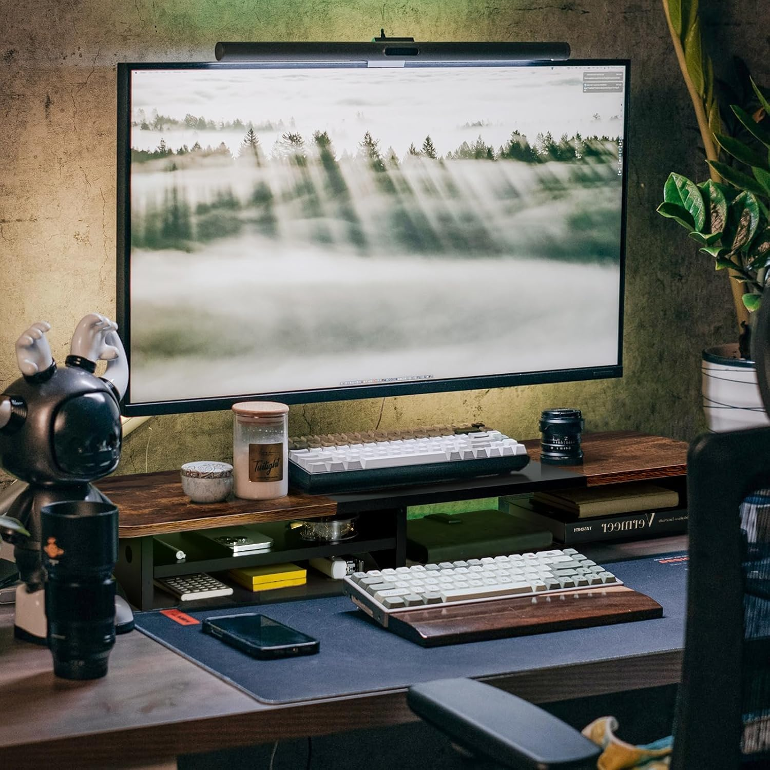 Monitor Stand with Drawer, Dual Monitor Stand Riser for Desk, Wooden Computer Monitor Stand & Desktop Shelf, Home Office Desk Accessories, 39.3"X10.6"X4.3" (Brown & Black) image number 3