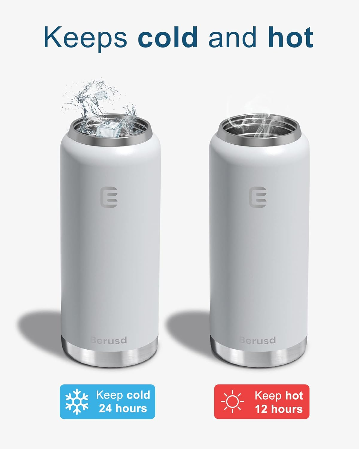 Berusd 1L Insulated Water Bottle, Leak Proof Straw Lid, Stainless Steel Vacuum Insulated Water Bottle, Wide Mouth Bottle with Flex Cap, Double Walled Travel Cup Thermo Bottle Mug Drink Flasks, White