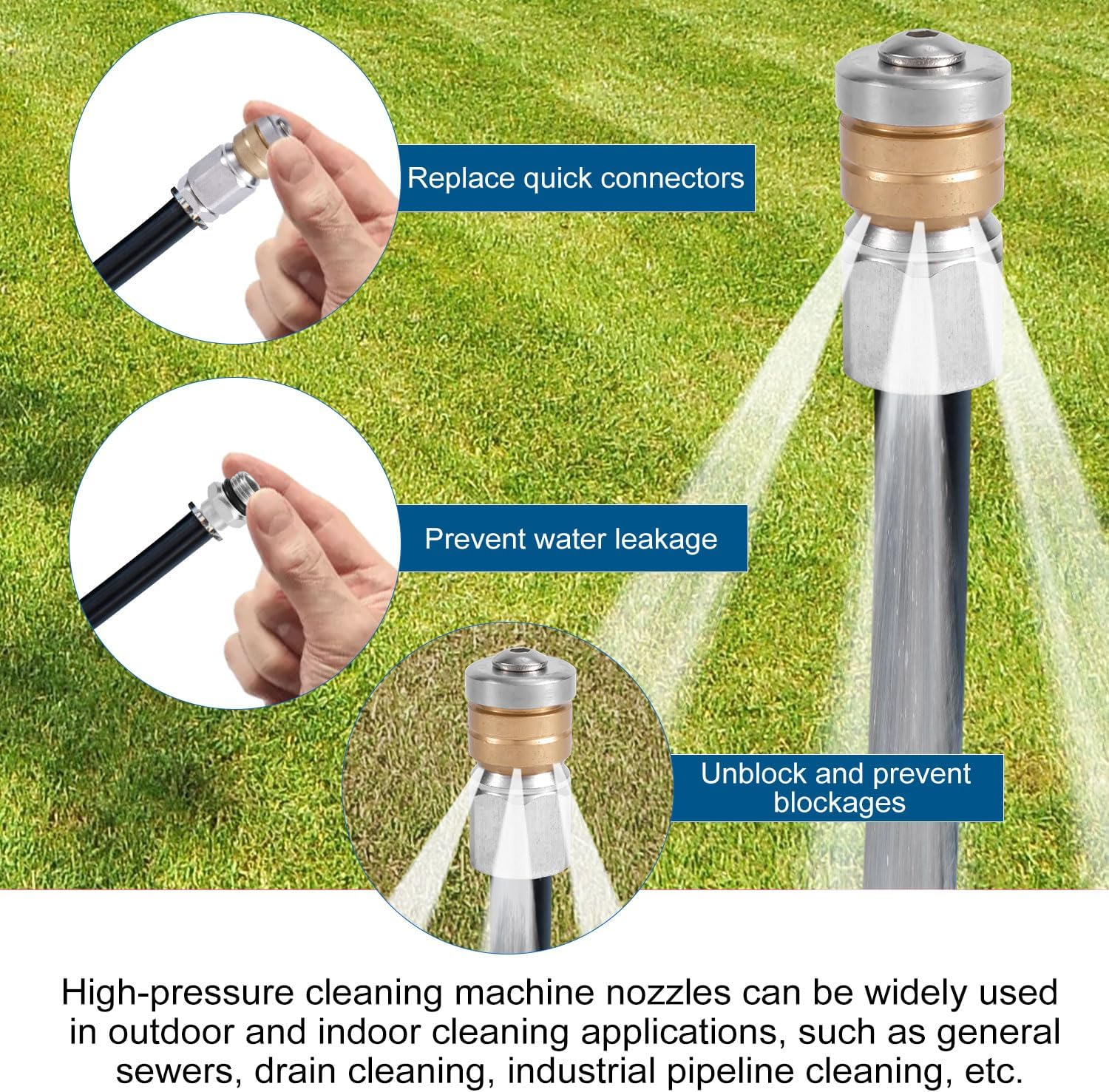 4Pcs Sewer Jetter Nozzle Set, Stainless Steel Jetter Nozzle for Pressure Washer Drain Jet Hose Tips with 1/4" NPT Quick Connector Rotating Button Nose Sewer Jet Nozzle Cleaning Tool 5000 PSI