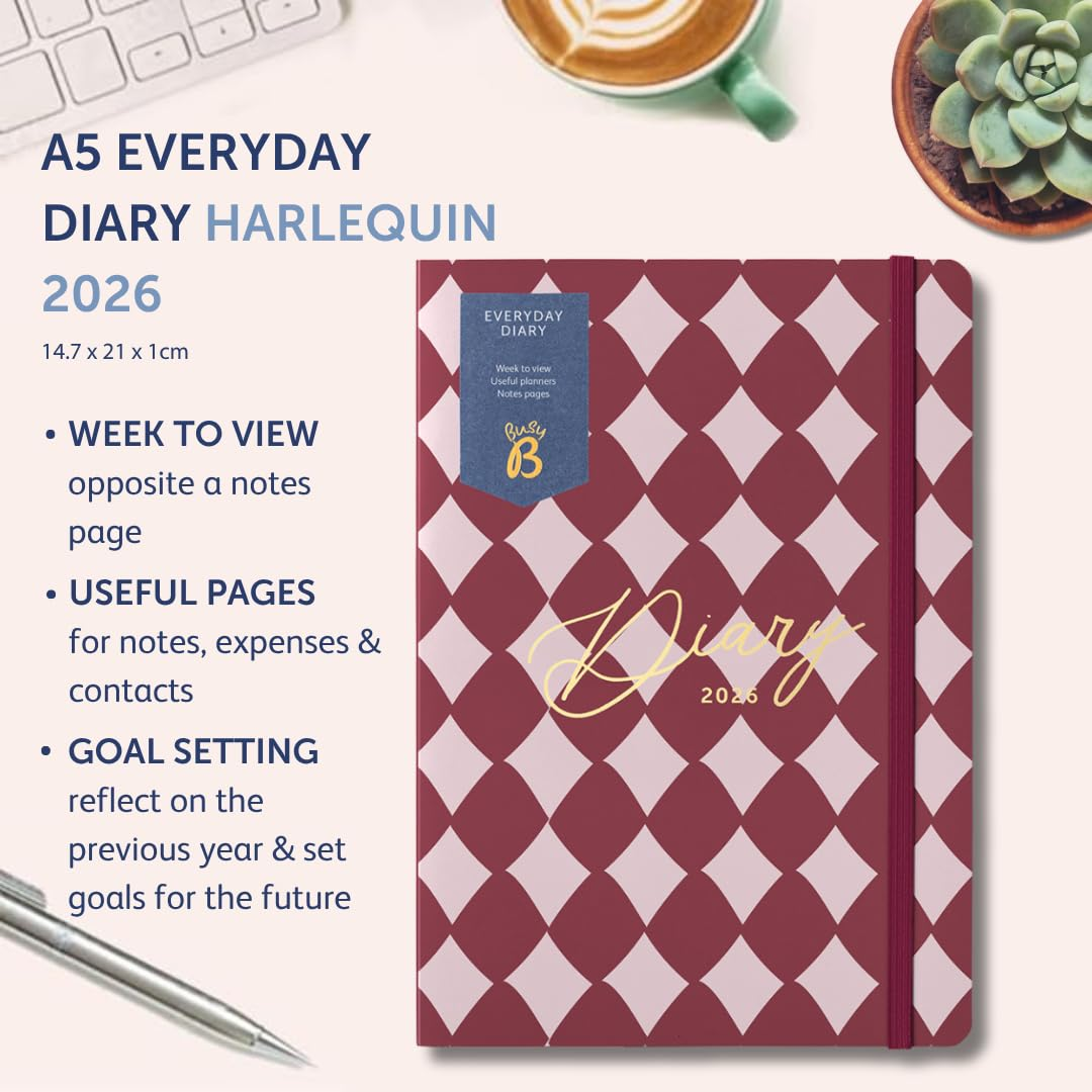 Busy B Everyday A5 Weekly Planner Diary 2026 - Compact Diary for Students, Teachers, Work & More with Week-To-View Layout Jan - Dec, Useful Planners, Notes Pages & Elastic Closure Band - Harlequin image number 2