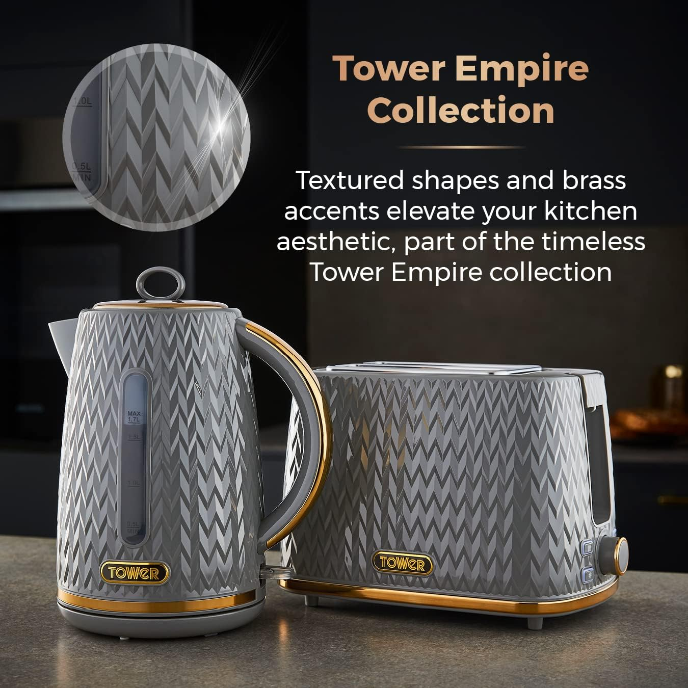 Tower T10052GRY Empire 1.7 Litre Kettle with Rapid Boil, Removable Filter, 3000W, Grey with Brass Accents