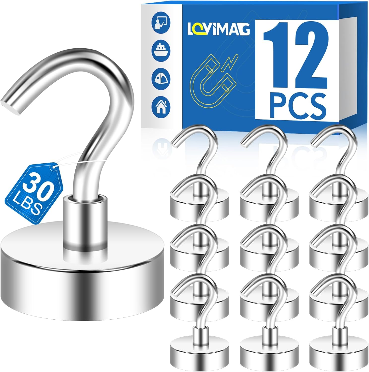 LOVIMAG Black Magnetic Hooks, 30Lbs Strong Magnetic Hooks Heavy Duty with Epoxy Coating for Refrigerator, Magnetic Cruise Hooks for Hanging, Classroom, Office, and Kitchen - Pack of 12