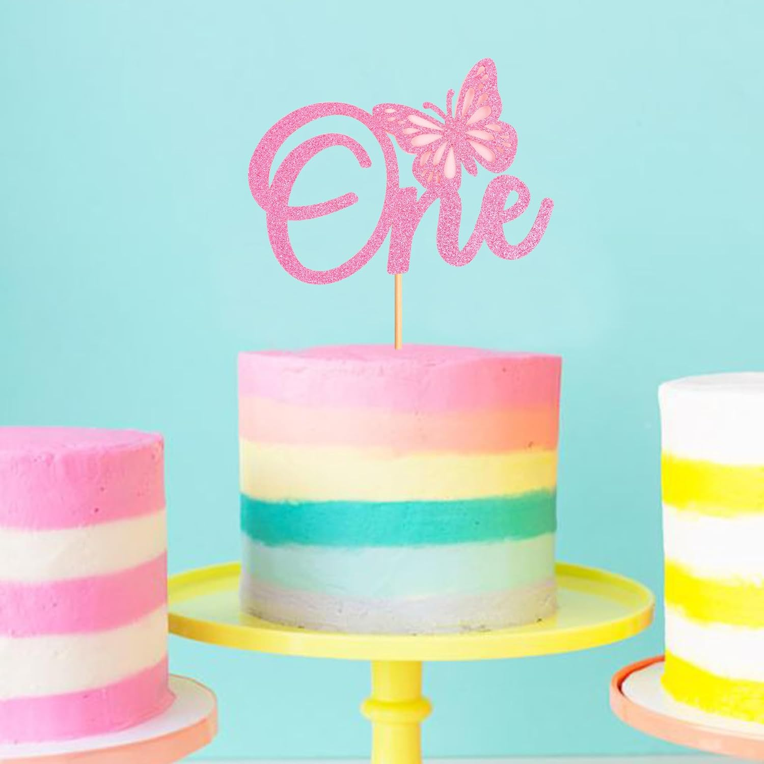 Pink First Birthday Butterfly Topper 1St Birthday Cake Decoration Supplies,One Sign Butterfly Theme One Years Old Birthday Cake Topper
