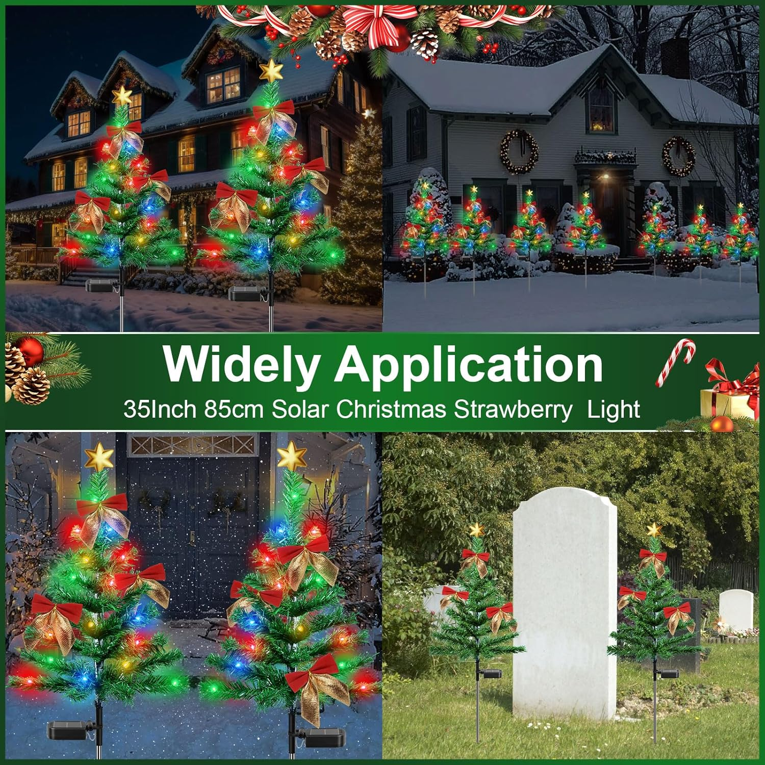 Ninonly 2 Pack Solar Christmas Tree Light, 85CM Solar Powered Outdoor Christmas Tree Garden Lights with 30 Leds Bows Stars Ornaments, Waterproof Solar Xmas Tree Stake for Yard Pathway Walkway image number 2