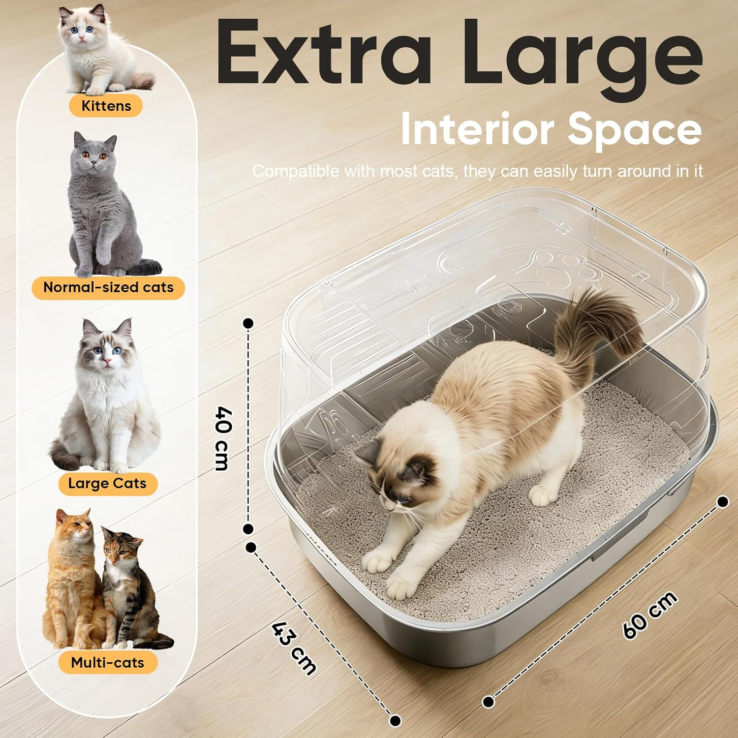 XL Large Stainless Steel Cat Litter Box with Lid &ndash; Modular Enclosed High Sided Design, Leak Proof Cat Litter Tray with Dual Entry, Includes Non-Slip Step, Easy Clean for Big Cats & Multi-Cat Homes image number 4