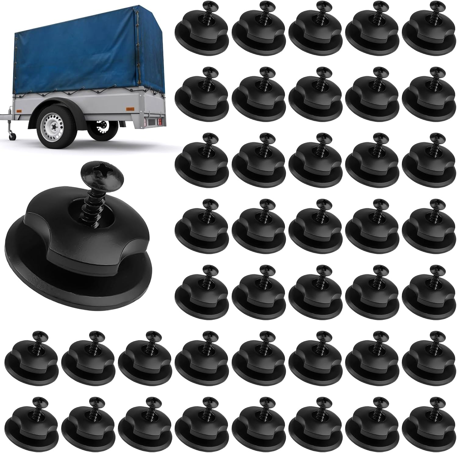 XTUDOU&reg; Pack of 40 Tarpaulin Buttons and Hooks, Round, 35 X 14 Mm, Black, Plastic, Trailer Hardware, Tonneau Cover Fasteners image number 6