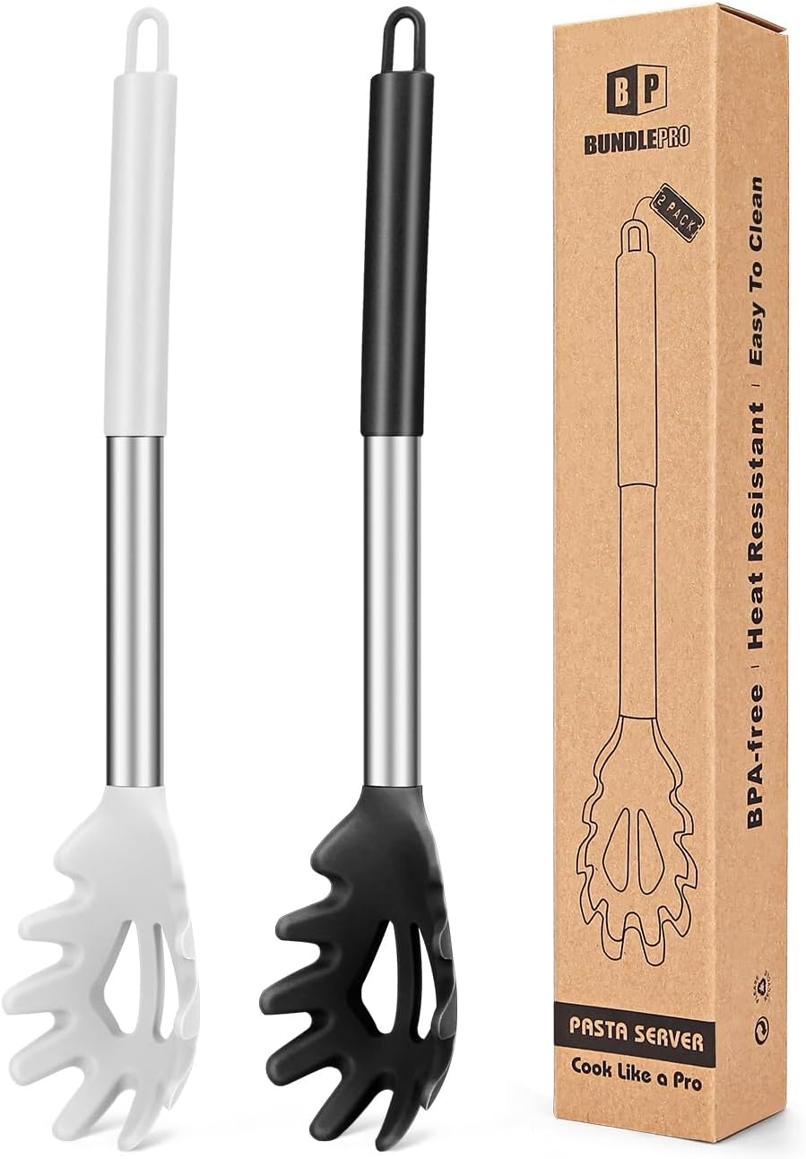 Silicone Pasta Fork and Ladle Spoon Set, Large Non Stick Kitchen Utensils for Cooking,Stirring,Serving Spaghetti, Soup, Sauce (GRAY)