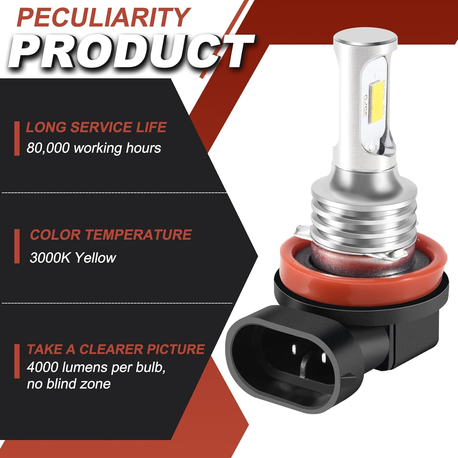 H11 H8 H16 80W 4000LM 3000K Yellow LED Fog Lights Conversion Bulbs Kit, 500064112 image number 2