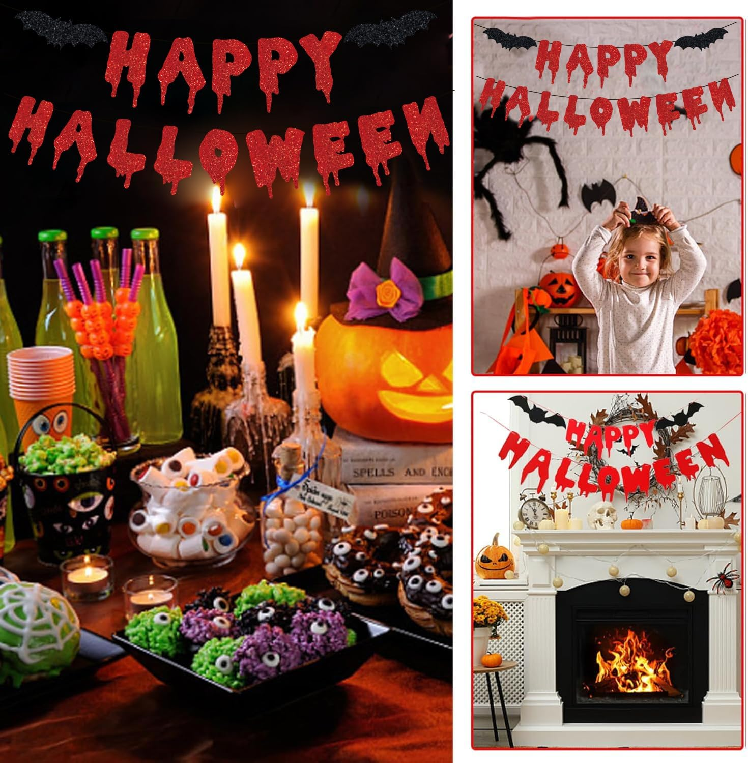 Happy Halloween Banner Red Black Glitter Bat Banner Halloween Hanging Paper Garland Bunting Banner for Halloween Zombie Vampire Haunted Houses Indoor Outdoor Party Decorations Supplies Kit image number 6