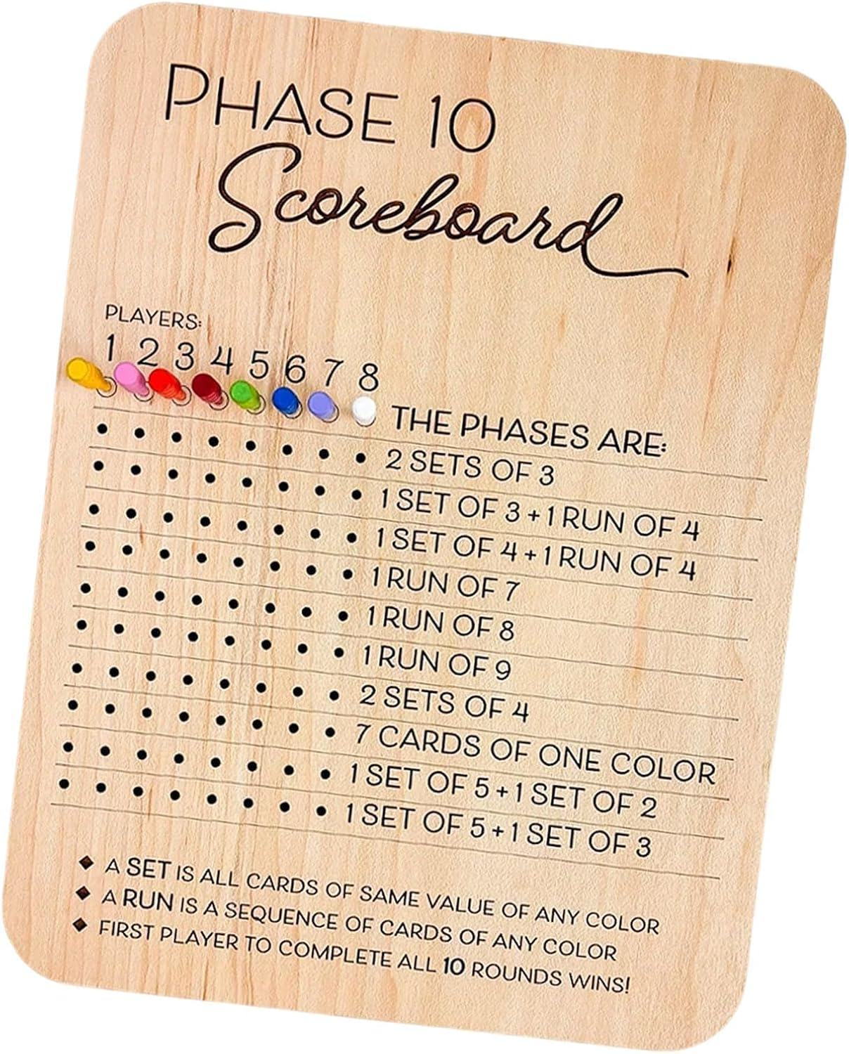 Phase 10 Score Board, Wooden Phase 10 Score Sheets with 8 Colored Pegs, 10 Scorecard and round Tracker, Classic Family Adults Board Card Games Night Table Score Boards (Scoreboards-1Pcs) image number 4