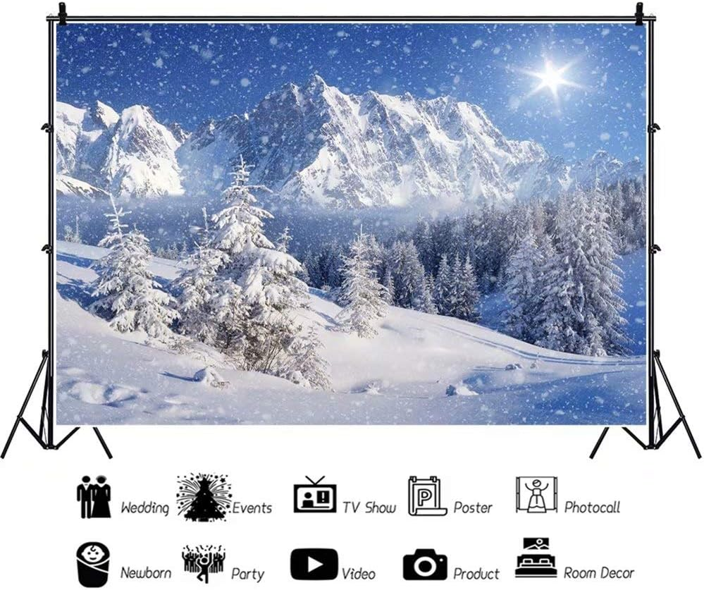 Laeacco Winter Snow Mountain Landscape Vinyl New Year Backdrop 10X6.5Ft Christmas Theme Background Dreamy Flying Snow Scenery Dazzling Sunshine Snowfield Snowy Pine Forest Children Adults Portraits image number 4