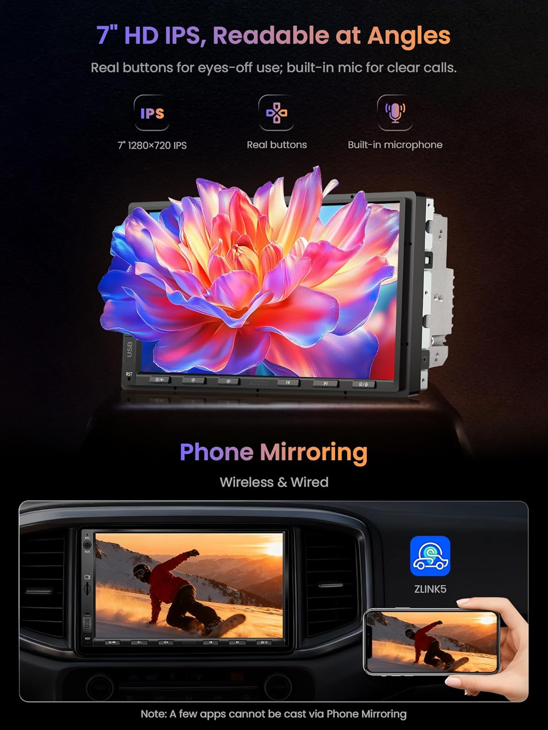 ATOTO A5L Android Double Din Car Stereo, 7" IPS Touchscreen Digital Media Receivers, Wireless Carplay& Android Auto, Wifi/Bluetooth/Usb Tethering, Backup Camera,Mirrorlink, 24B-EQ DSP, 2G+32G, FM/RDS