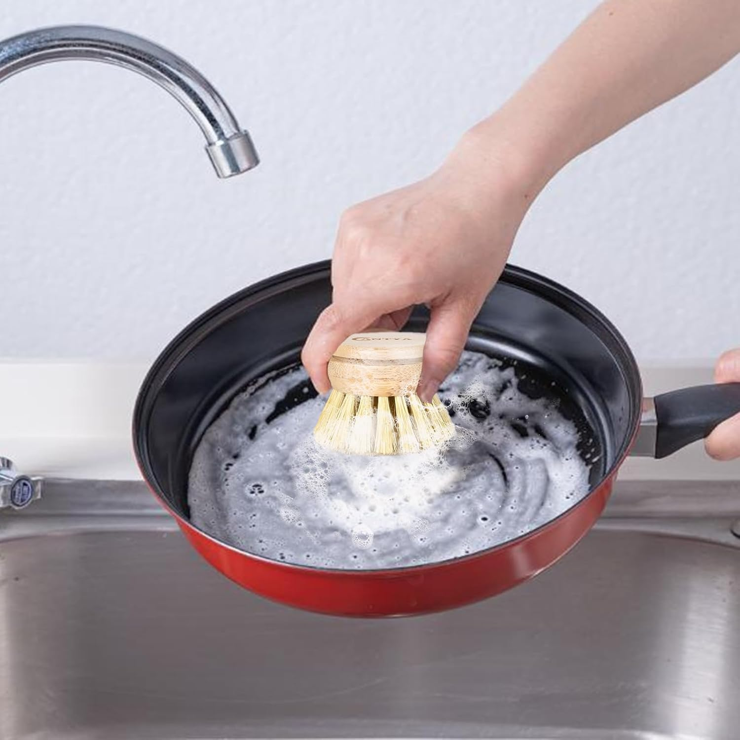 Bamboo Dish Brush with Handle 4 Replacement Heads, Eco-Friendly Soft Sisal Dish Scrubber Bamboo Wok Brush for Cleaning Kitchen Utensils image number 3