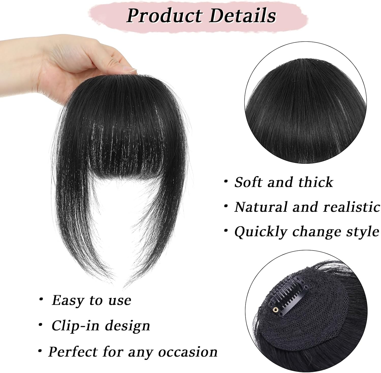 Clip in Bangs 100% Real Human Hair Black French Bangs Fringe with Temples Thick Curtain Bangs Clip on Bangs Curved Fake Bangs Hairpieces for Women for Daily Wear image number 4
