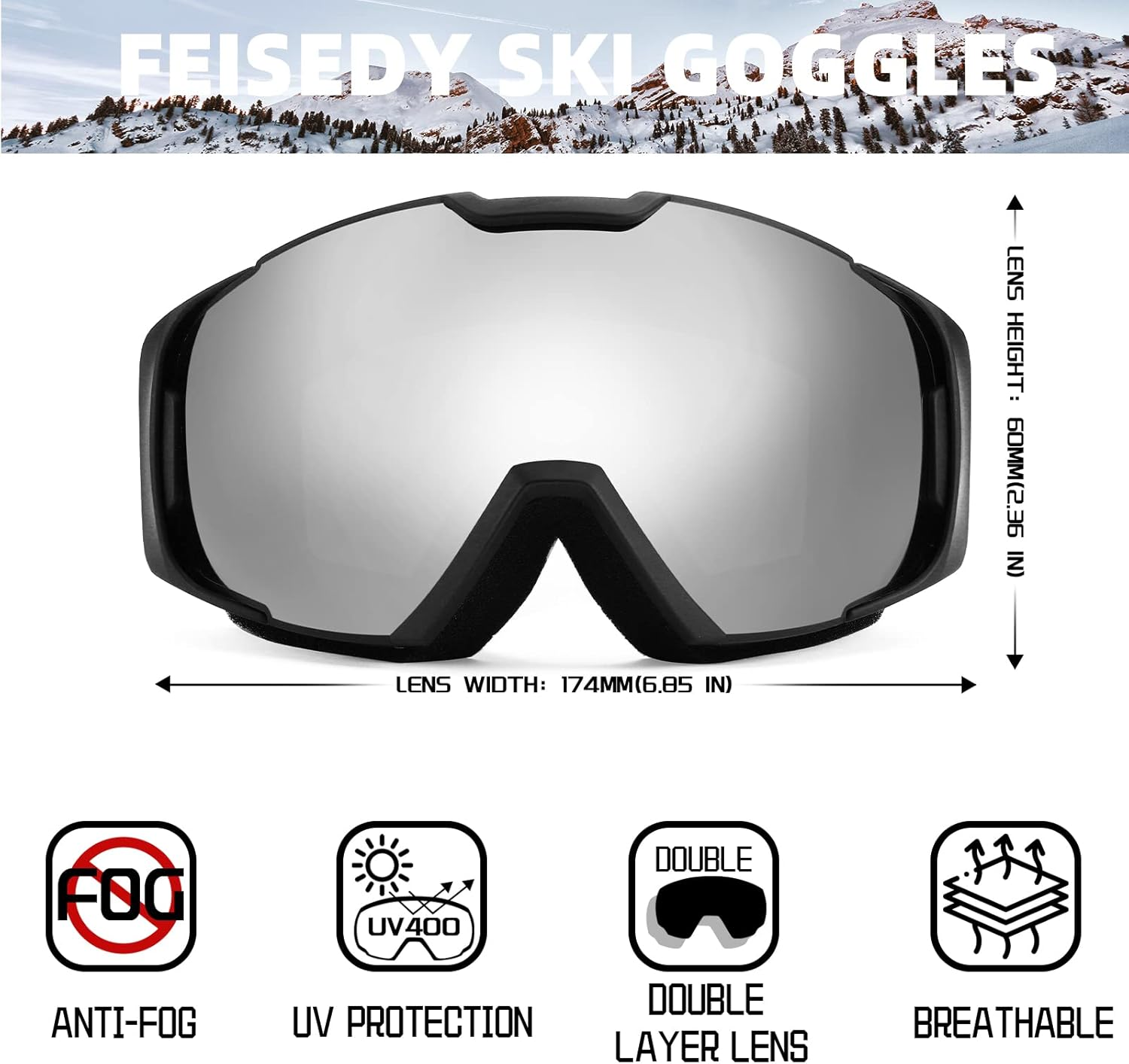 FEISEDY Ski Goggles, anti Fog UV400 Protection Snowboard Snow Goggles for Men Women Adult B2961 - Pink Mirrored Vlt 45 image number 5