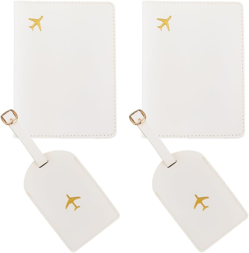 CALFOVERA Set of 2 Mr and Mrs Travel Holder Set Made of PU Leather Honeymoon Card Passport Cases Card Protective Cover Book Case with Luggage Tags Travel ID Labels Black White for Couples Bridal image number 2