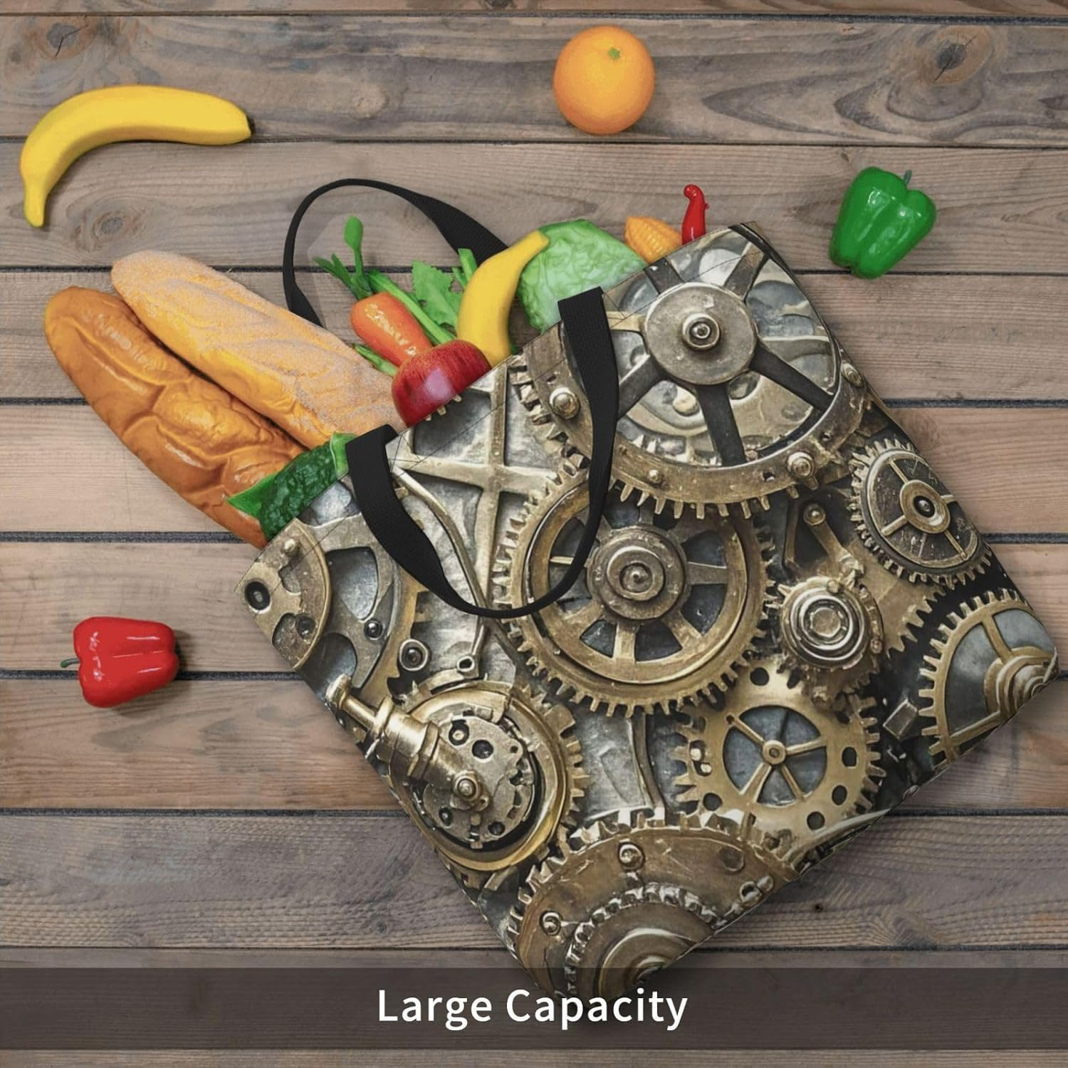 STVYUKL Cool Steampunk Gears Tote Bag for Women Casual Portable Shopping Handbags with Zipper Inner Pocket Reusable Waterproof Beach Grocery Bag for Shopping Travel Work, Black, One Size