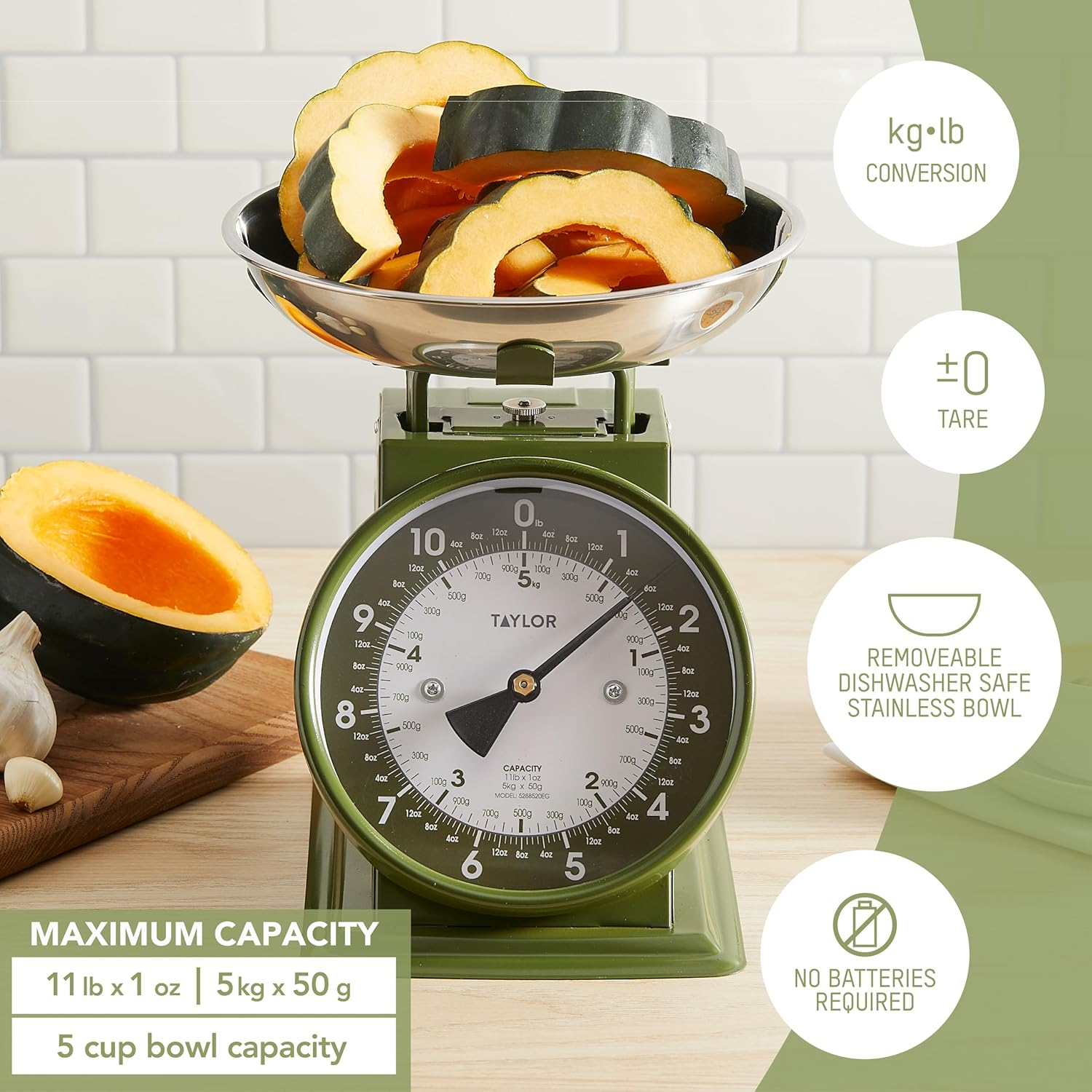 Taylor Mechanical Kitchen Weighing Food Scale with Bowl, Weighs up to 11Lbs, Measures in Grams and Ounces, Food Scales for Kitchen, Green image number 1