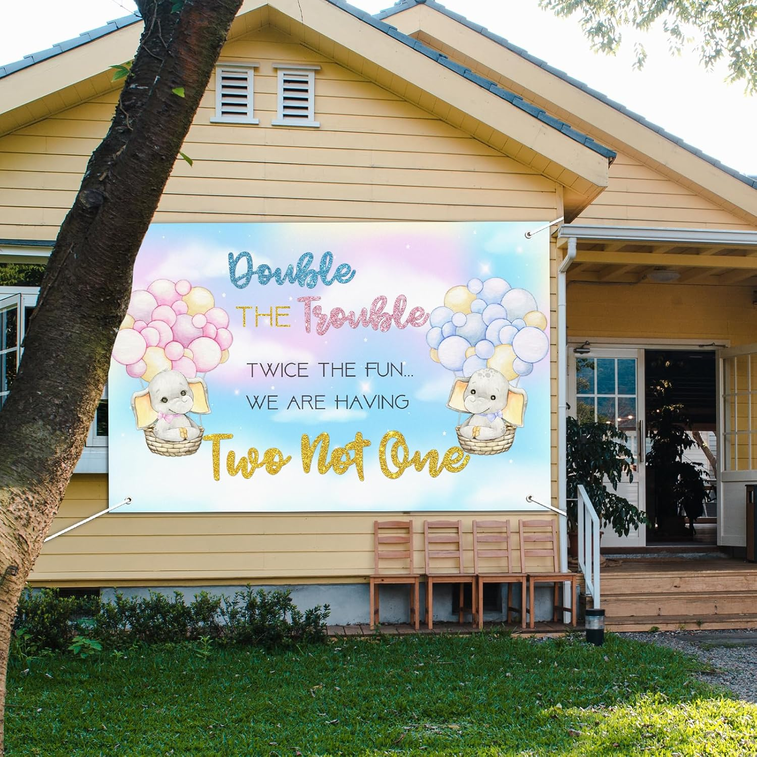 Talorine Twins Baby Shower Decorations Backdrop 6X4Ft Elephant Pink Blue Gender Reveal Party Decorations for Twins Double the Trouble Twice the Fun We Are Having Two Not One Party Supplies image number 3