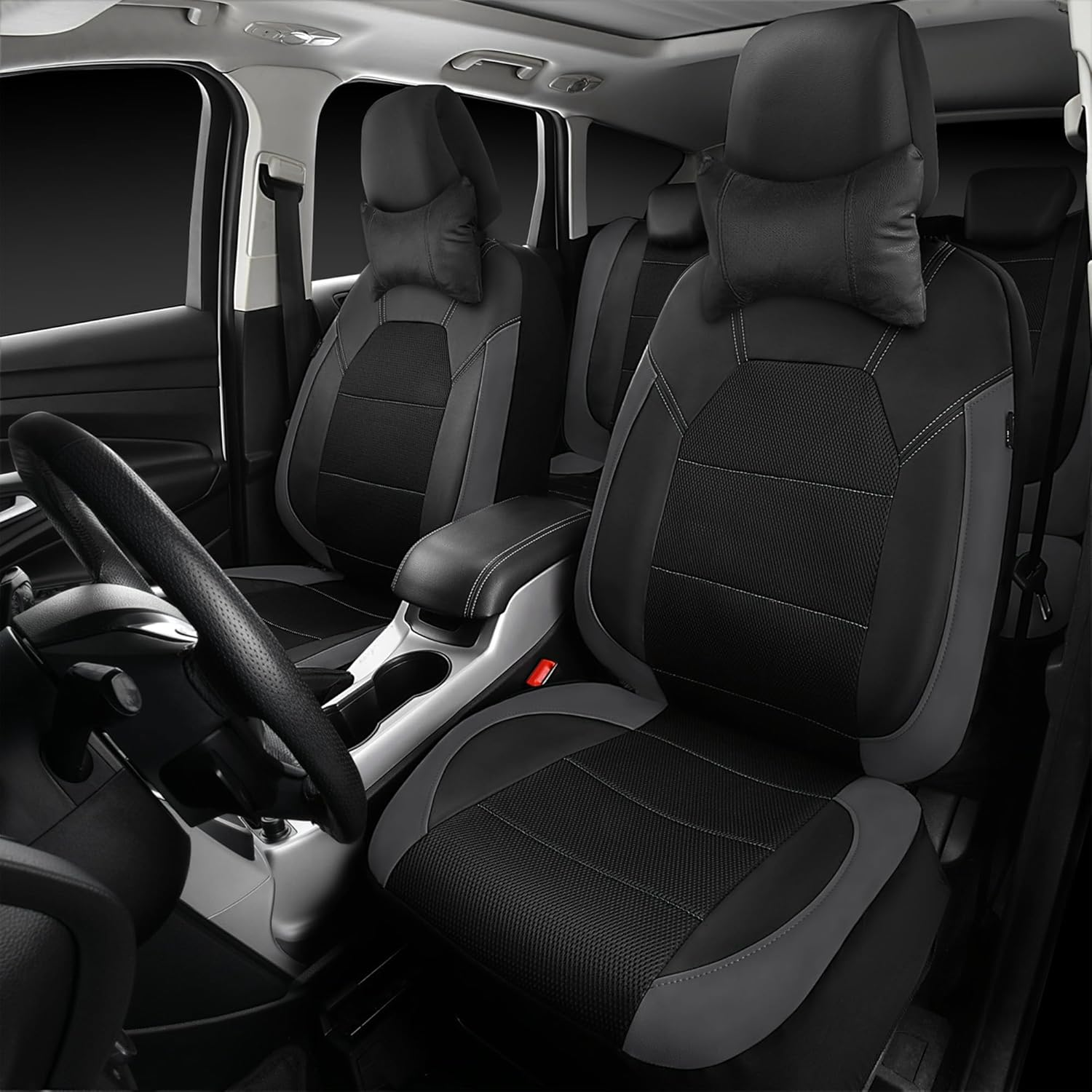 Leather Seat Cover, Sports Car Seat Cover with over 5Mm Composite Sponge Inside, Airbag Compatible with Most Suvs, Trucks, and Vans (Complete Set+2 Headrests (Black)