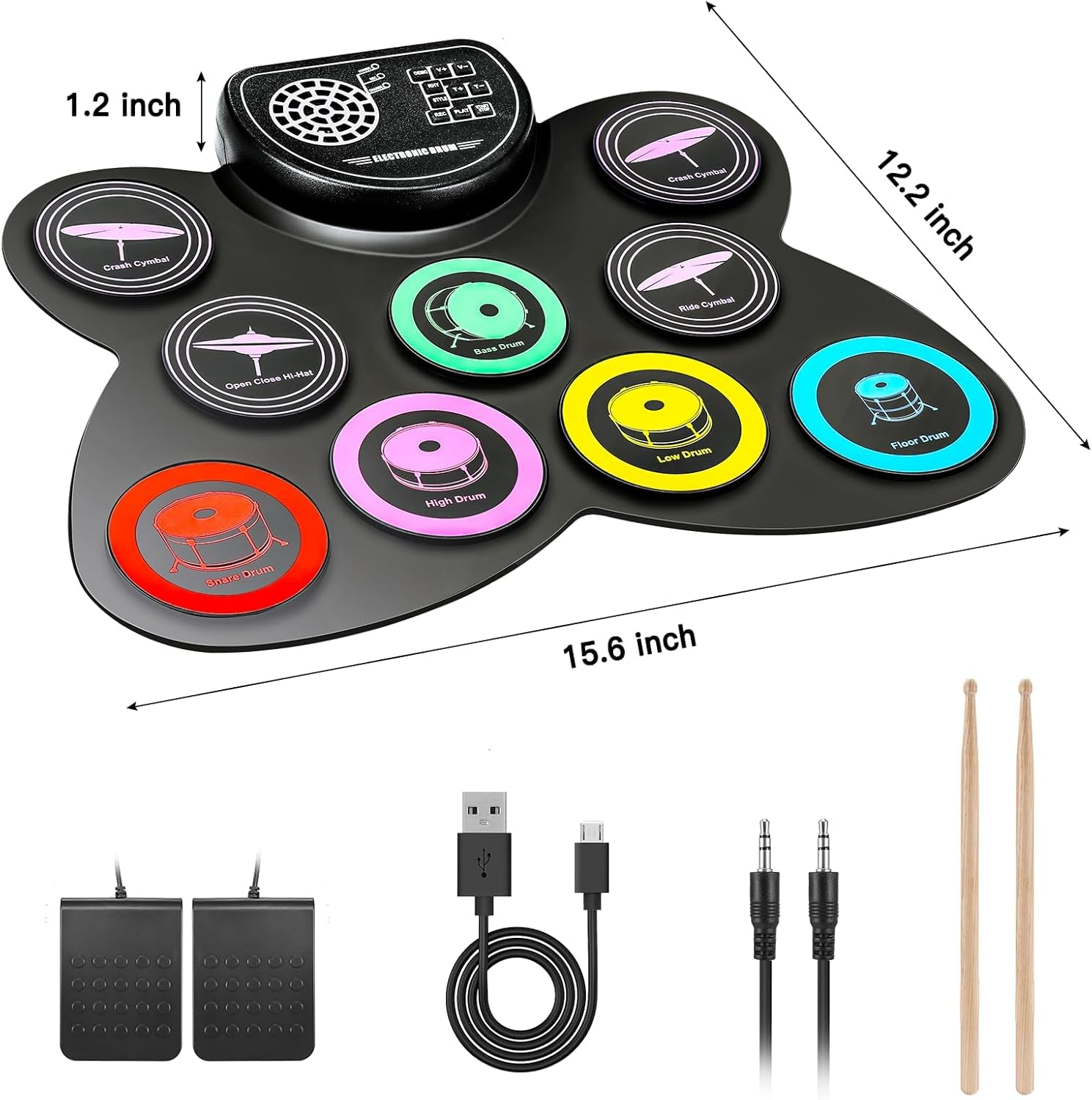 Electronic Drum Set, 9-Drum Practice Pad with Headphone Jack, Roll-Up Drum Kit Machine with Built-In Speaker Drum Pedals and Sticks 10 Hours Playtime, Great Birthday for Boys Girls