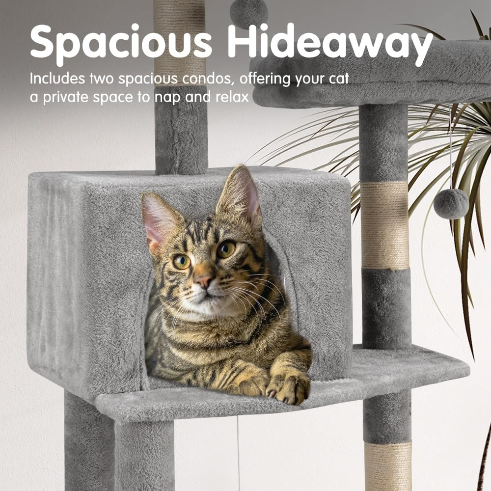 Cat Tree, 180CM Tall Cat Tree Tower for Large/Big Cats, Climbing Cat Tower Multi-Level Furniture Activity Center with a Large Hammock, Cat Condo and 4 Sisal Scratching Posts, Light Gray image number 3