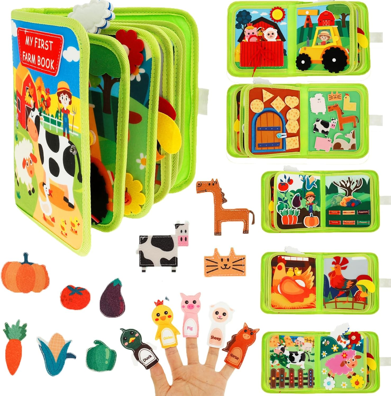 Busy Book for Toddlers 1-3, 18In1 Farm Animal Busy Book Travel Toys Montessori Quiet Books Preschool Learning Activities for Boys Girls Infants (Green- Farm)